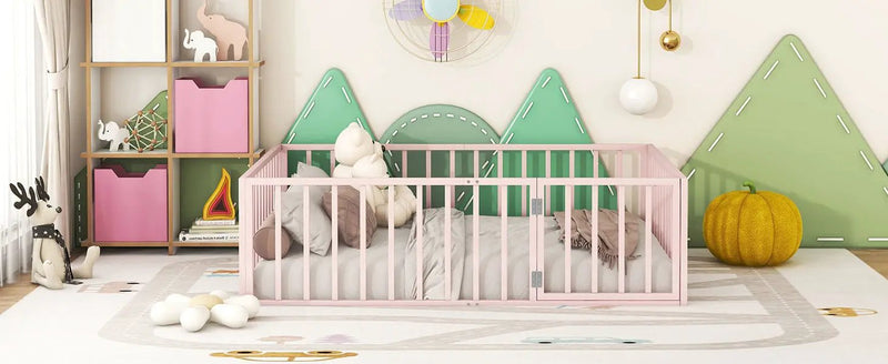 Metal Floor Bed Frame With Fence And Door by HouseOfZazla