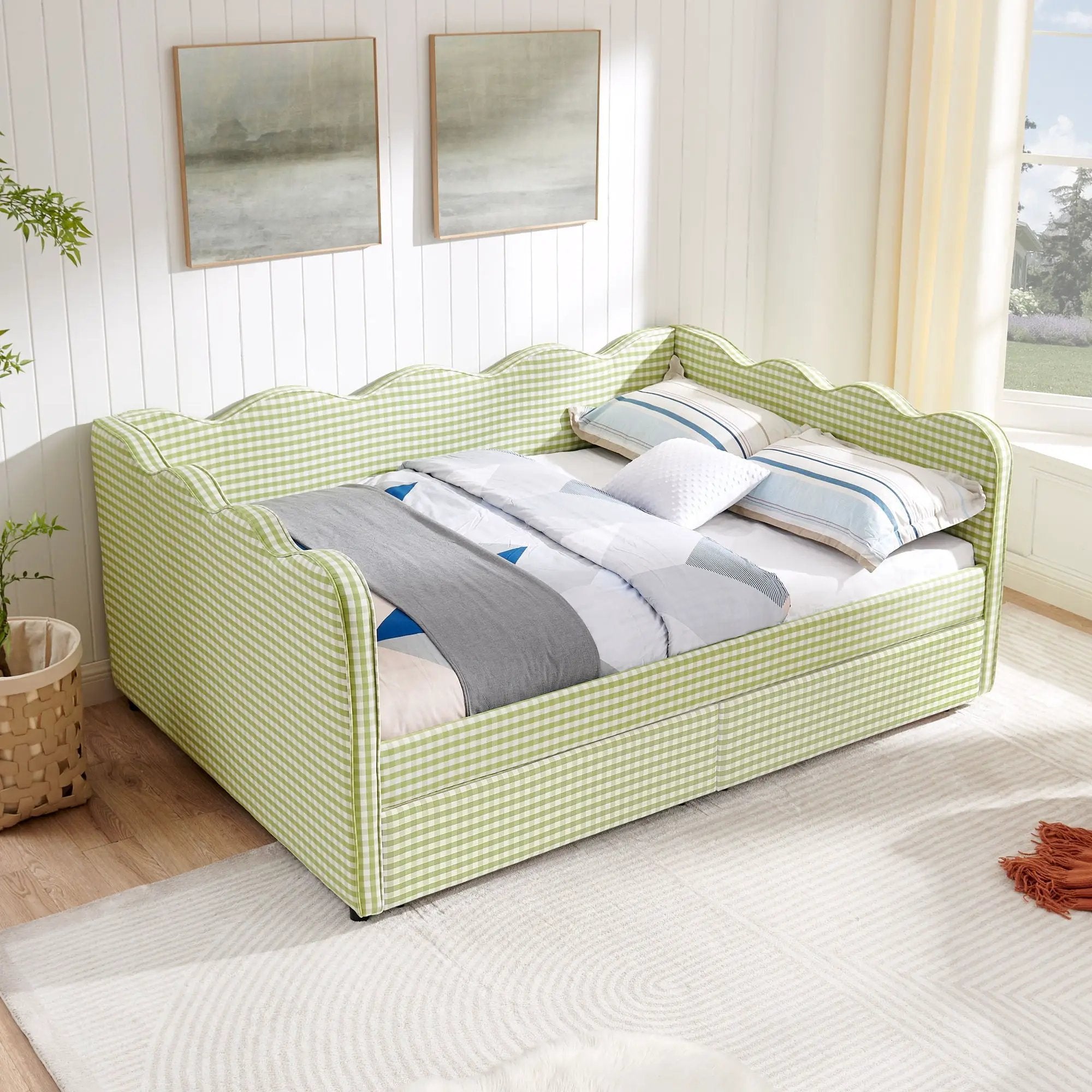 Gingham Daybed With USB Charging Port, Wave-Shaped Design by Unique Piece Furniture