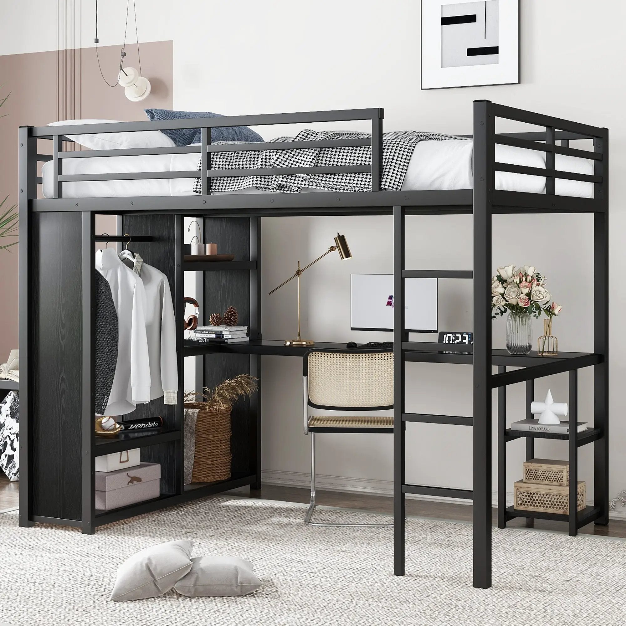 Full Size Loft Bed Frame with Built-in Wardrobe, Metal Loft Bed with Desk and Storage Shelves by HouseOfZazla