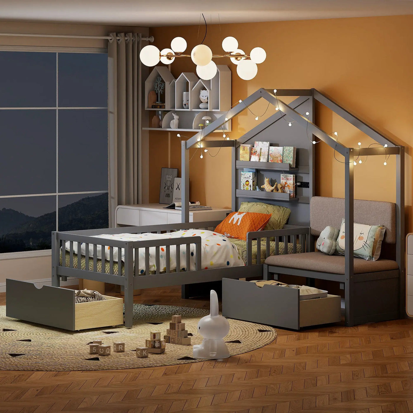 House Bed With Upholstered Sofa, Wireless Charging Station, Shelves And 2 Drawers by Unique Piece Furniture