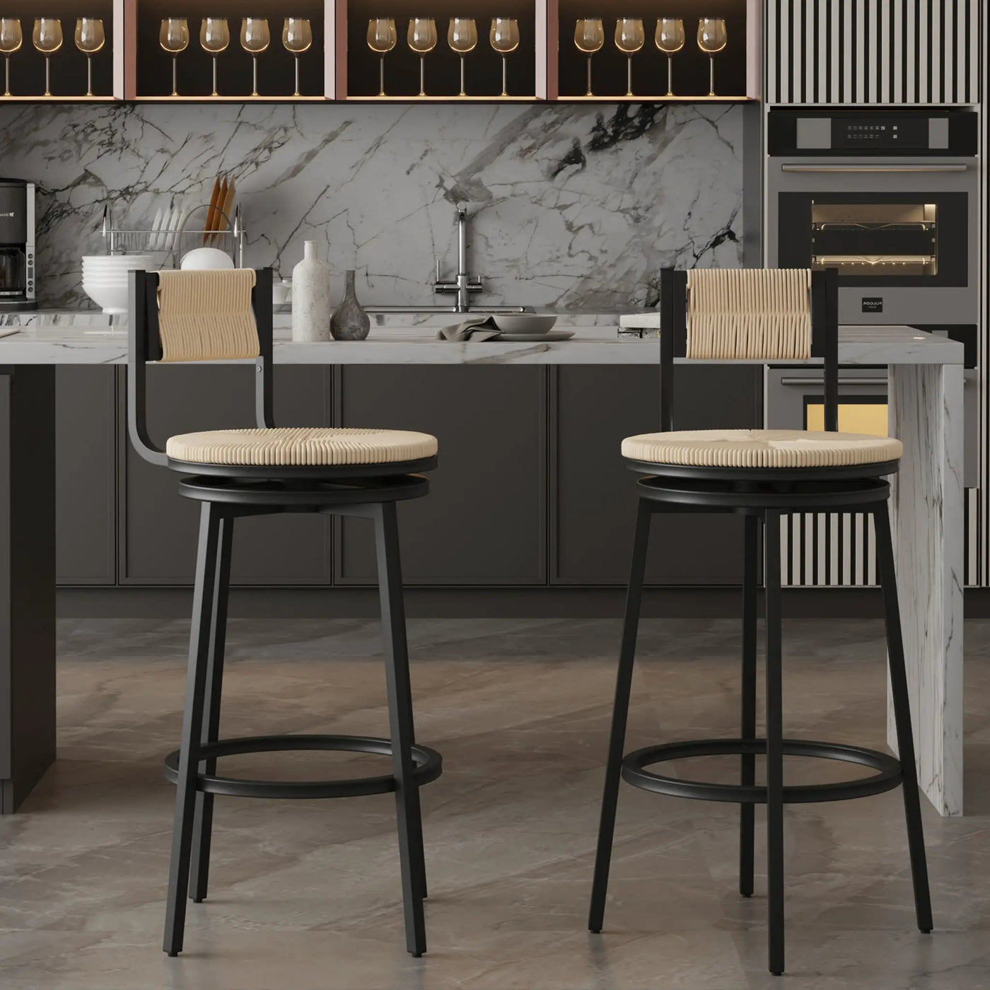 Bar Stools Swivel Counter Chairs With Metal Frame Hand Woven Paper Rope Dining Barstools For Kitchen Counter (Set of 2) by HouseOfZazla
