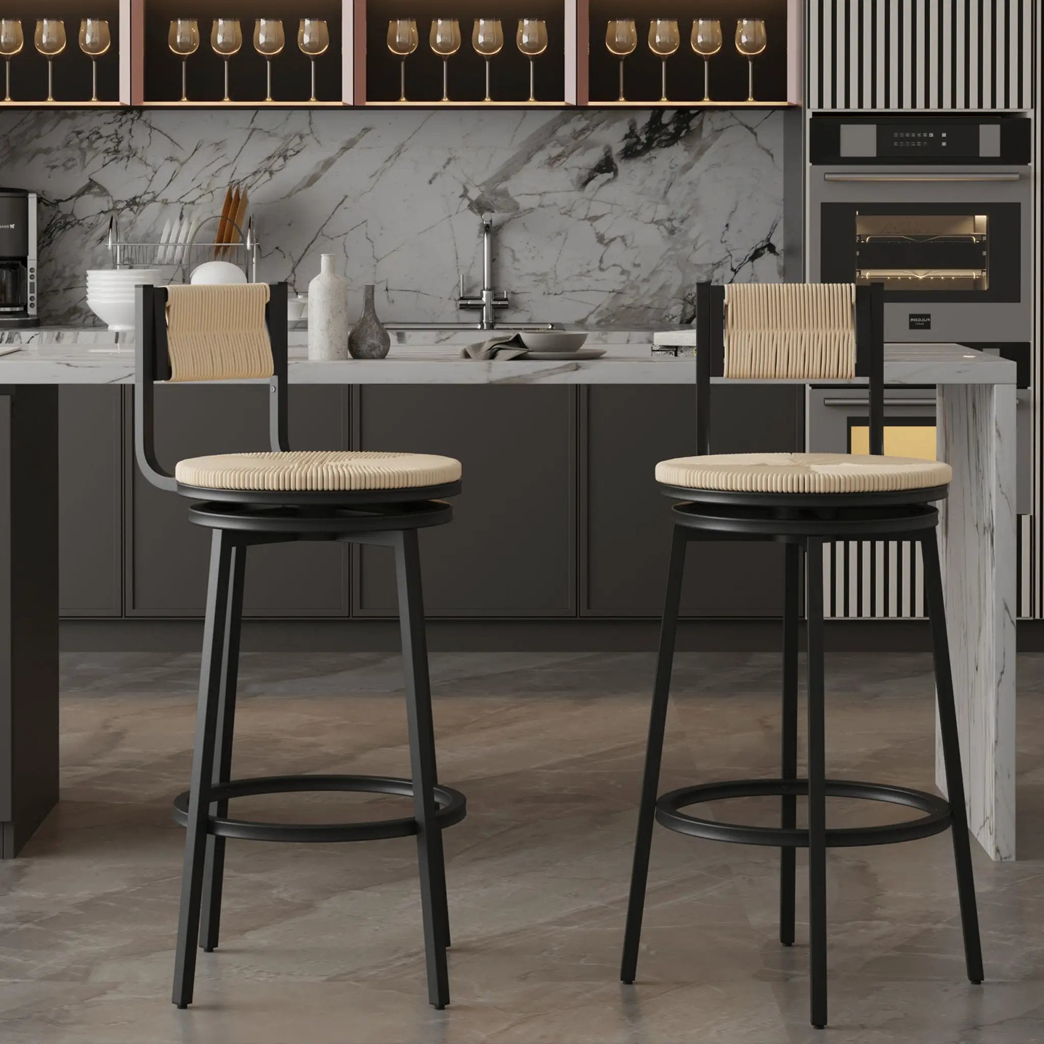 Bar Stools Swivel Counter Chairs With Metal Frame Hand Woven Paper Rope Dining Barstools For Kitchen Counter (Set of 2) by HouseOfZazla