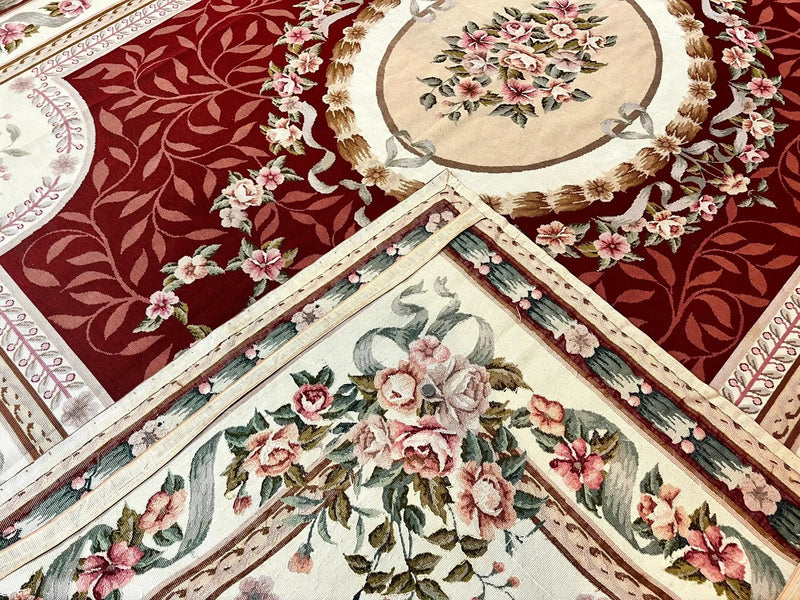 Wonderful Aubusson Rug 9x12, Handmade Vintage Needlepoint Carpet, Red and Ivory, Elegant European Design, Wool by Jewel Rugs