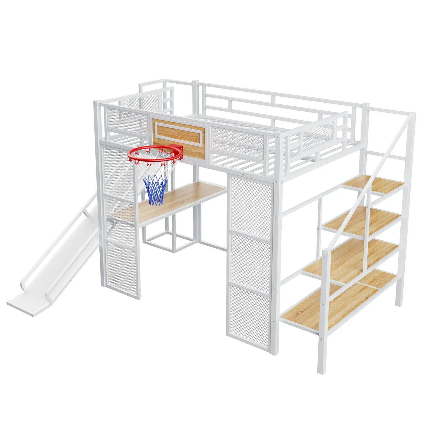 Loft Bed With Built In Desk, Open Wardrobe, Basketball Hoop, Slide And Staircase by HouseOfZazla
