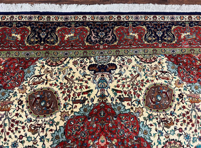 Wonderful Sino Persian Rug 6x10 with Animal Pictorial Motifs, Cream Dark Red Navy Blue, Birds Gazelles, Two Medallions, Top Quality Handmade by Jewel Rugs