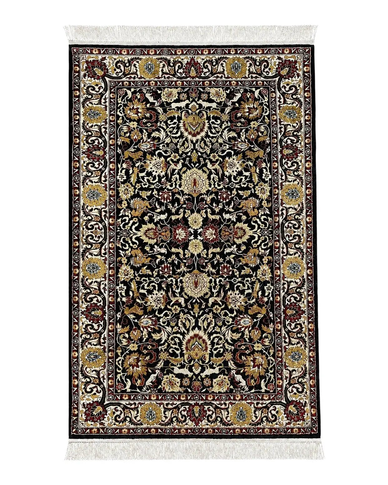 Sino Persian Silk Rug 3x5 Oriental Carpet 3 x 5 Fine Silk Rug, Black Ivory Gold, Animal Motifs, Flowers, High Quality, Vintage Silk Rug Wow by Jewel Rugs
