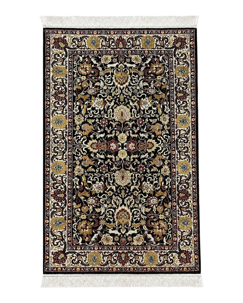 Sino Persian Silk Rug 3x5 Oriental Carpet 3 x 5 Fine Silk Rug, Black Ivory Gold, Animal Motifs, Flowers, High Quality, Vintage Silk Rug Wow by Jewel Rugs