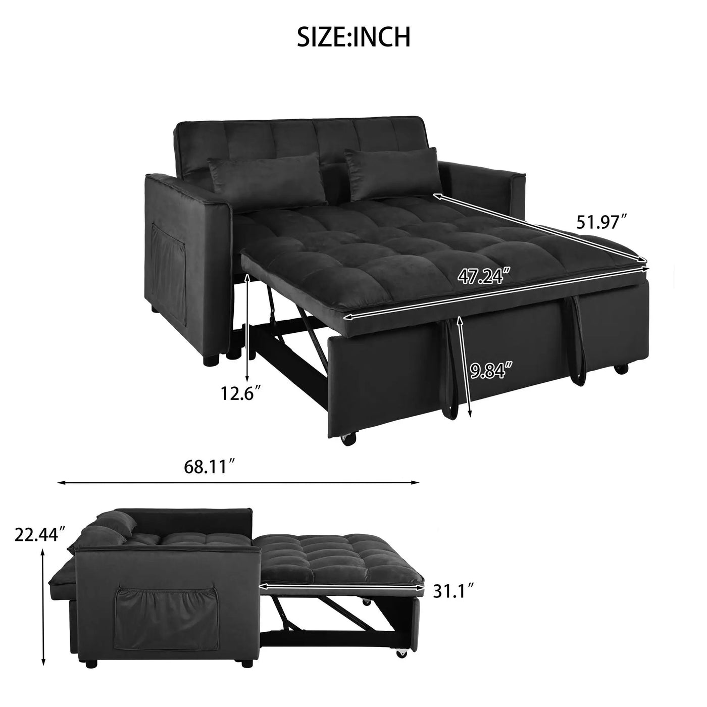 3 In 1 Pull Out Couch Convertible Sofa Bed With Reclining Backrest by Unique Piece Furniture