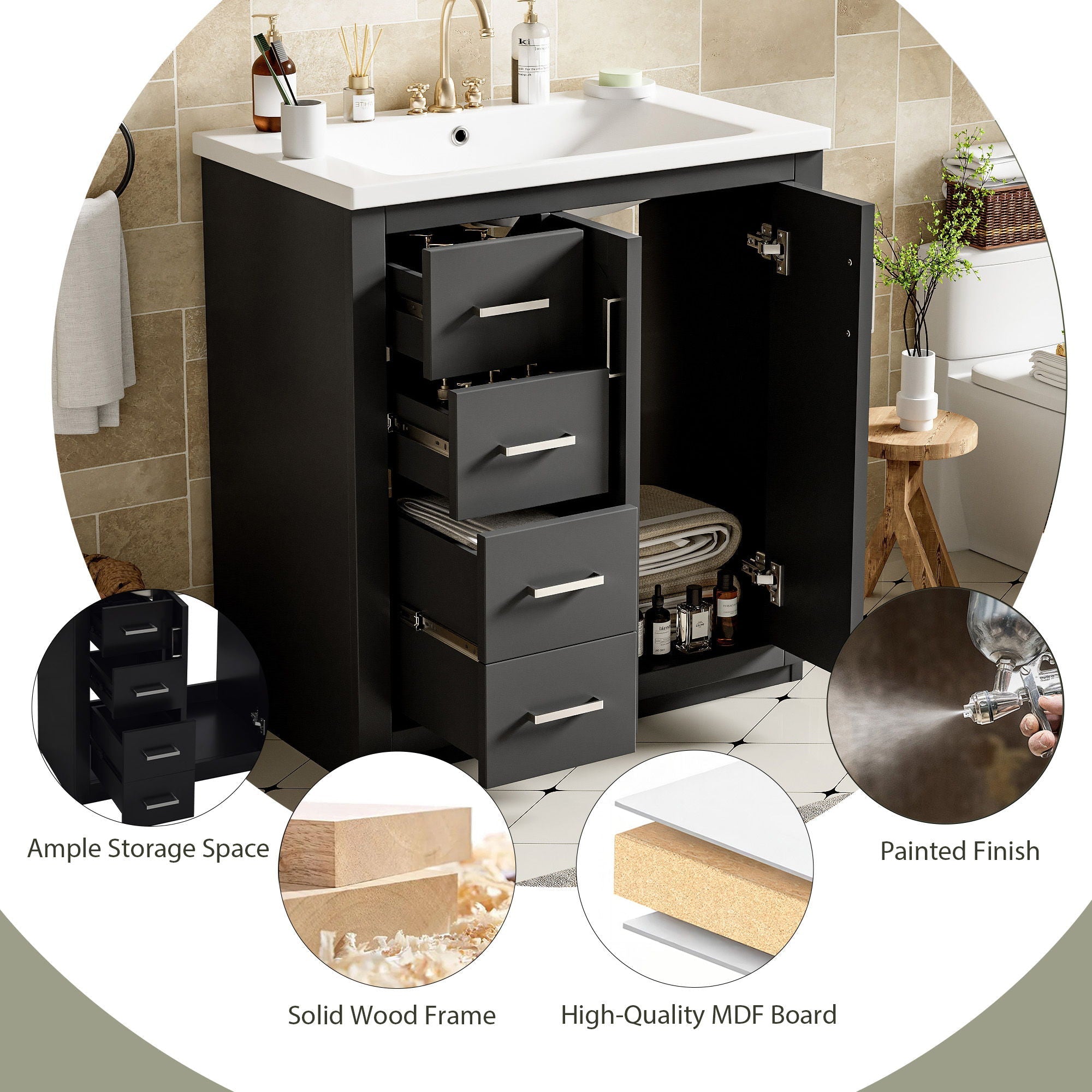 Ceramic Sink Combo, Freestanding Vanity Set With 3 Drawers & Soft Closing Doors by HouseOfZazla
