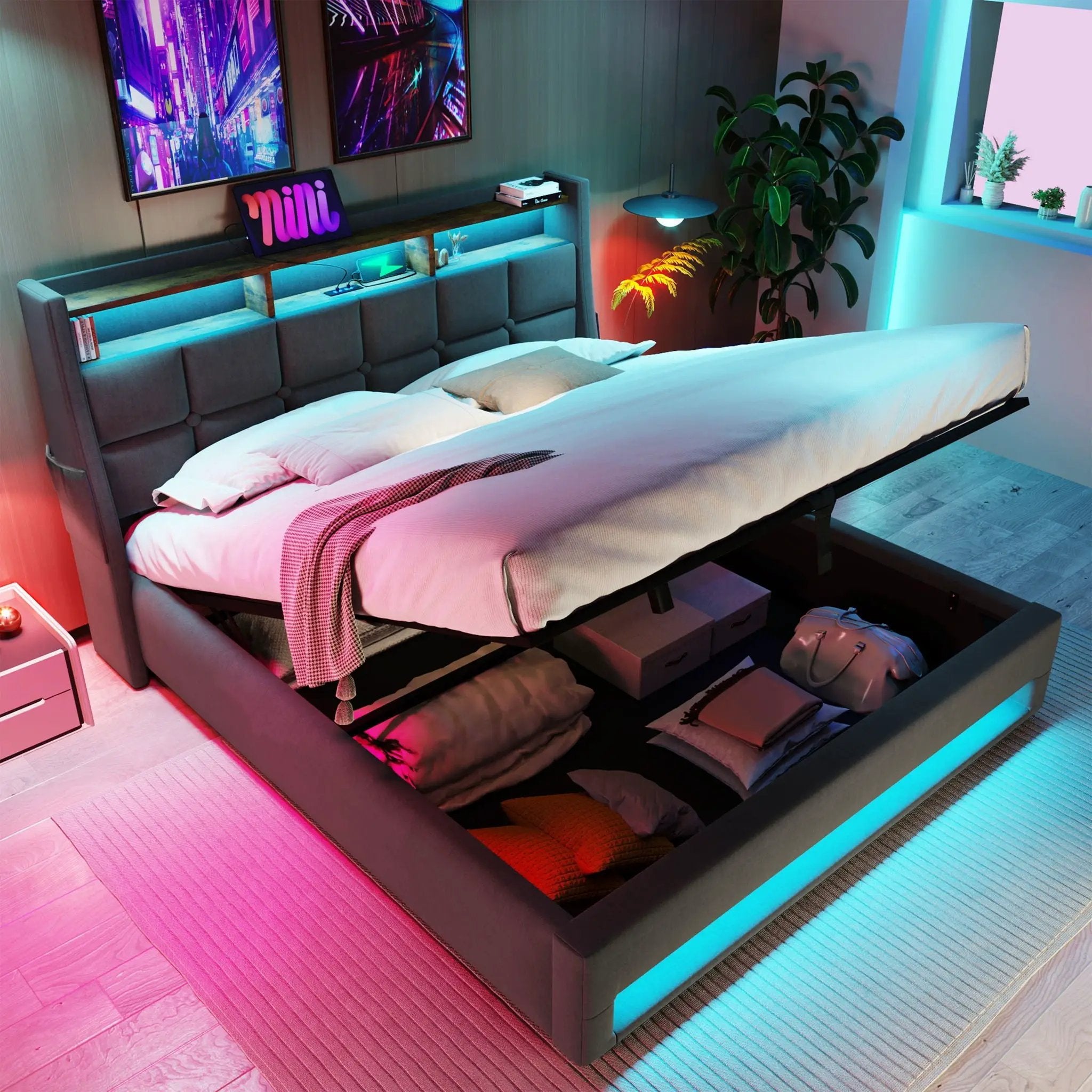 Platform Bed With Hydraulic Storage, LED Lighting & Charging Station by HouseOfZazla