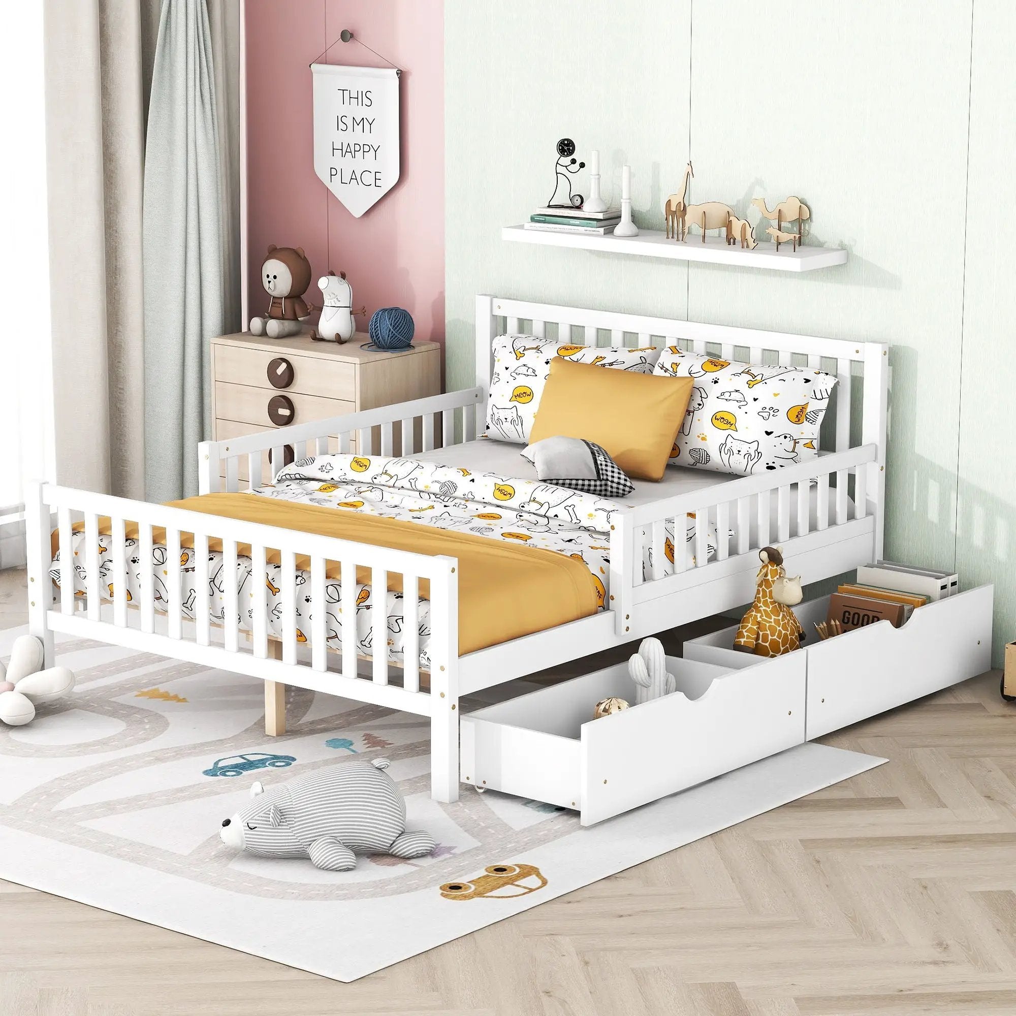 Platform Bed With Guardrails On Both Sides And 2 Storage Drawers by Unique Piece Furniture