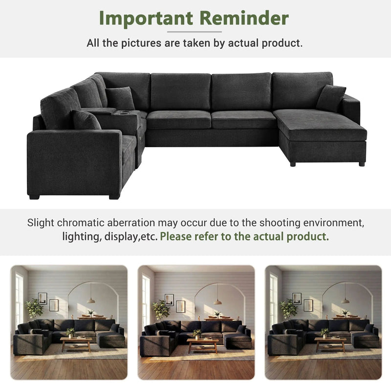 Modular 5 Seat U-Shape Sectional Sofa With Chaise Lounge, Built In Cup Holders And Storage Drawer by HouseOfZazla