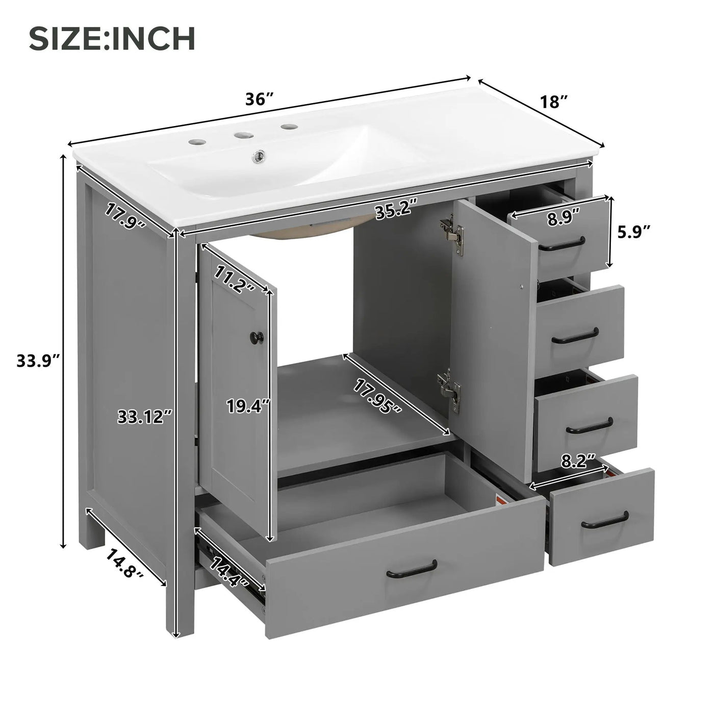 Bathroom Vanity With Ceramic Sink Combo, Abundant Storage Cabinet 2 Soft Close Doors And 5 Drawers by Unique Piece Furniture