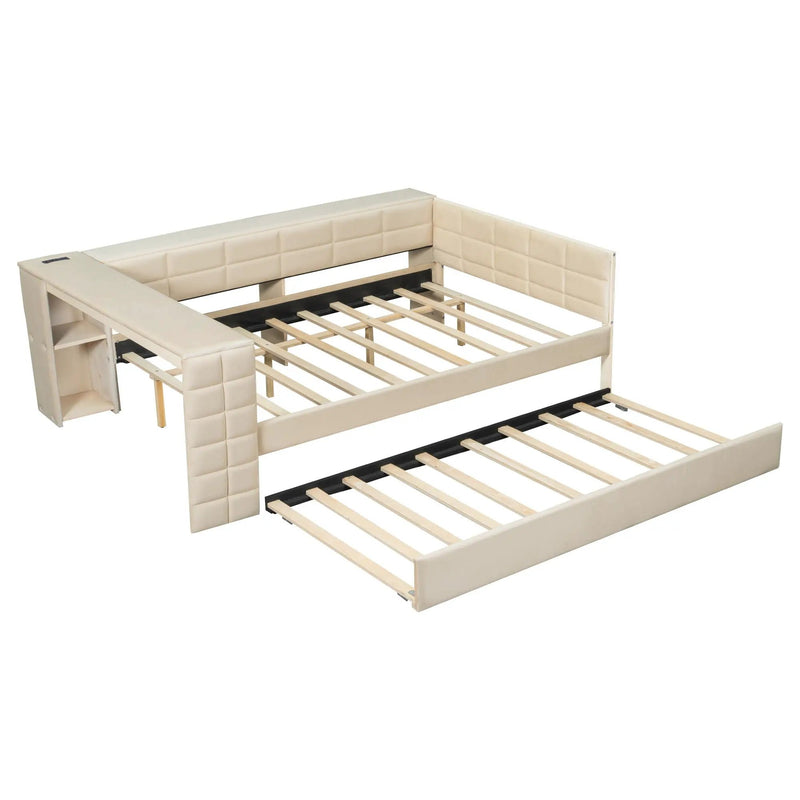 Upholstered Platform Bed With Storage Shelves, Desk, Charging Station And Trundle by Unique Piece Furniture
