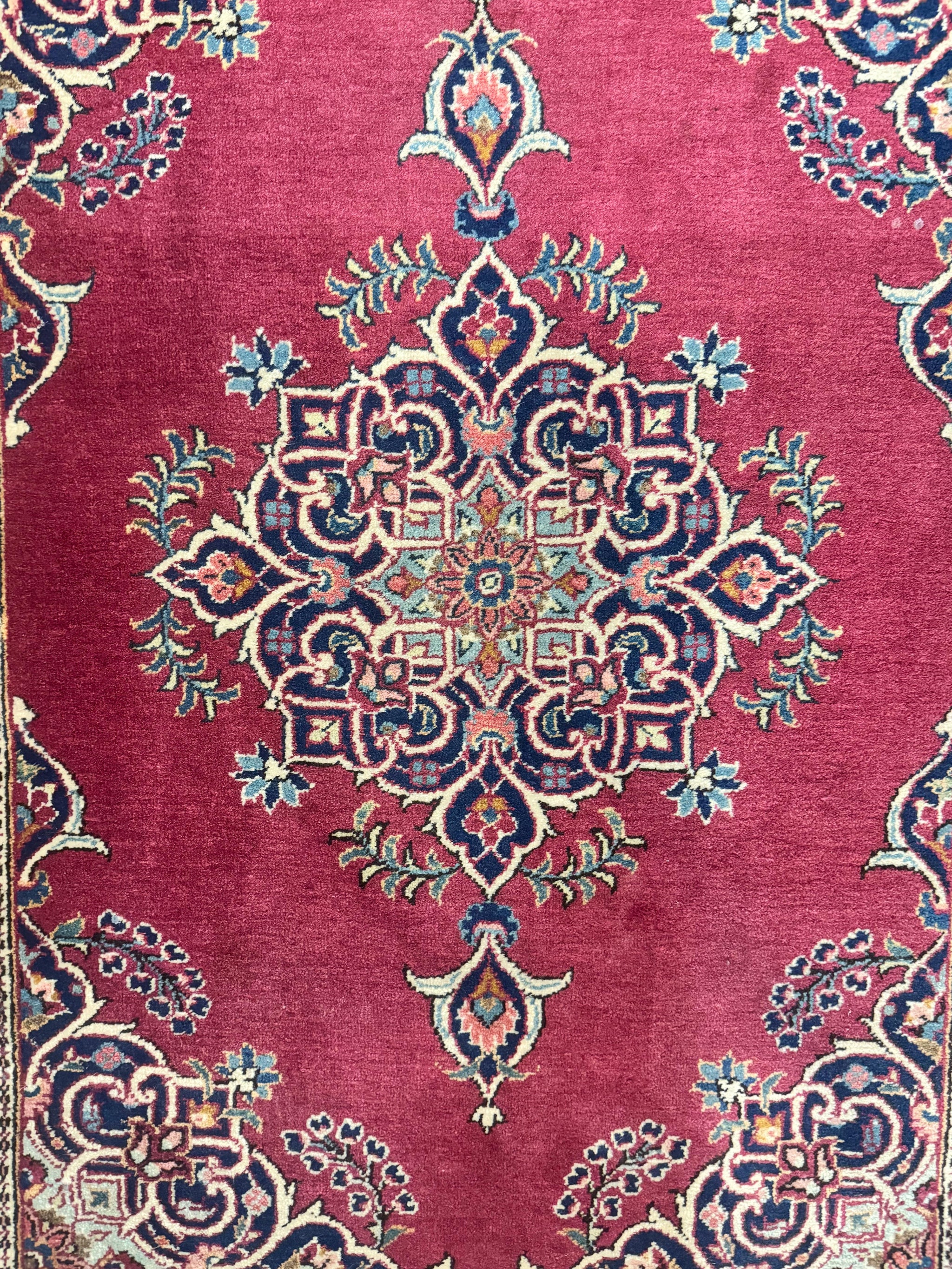 Small Persian Kashan Rug 2x3, Red and Navy Blue, Handmade Vintage Wool Semi Antique Persian Carpet, Semi Open Field, Pair B by Jewel Rugs