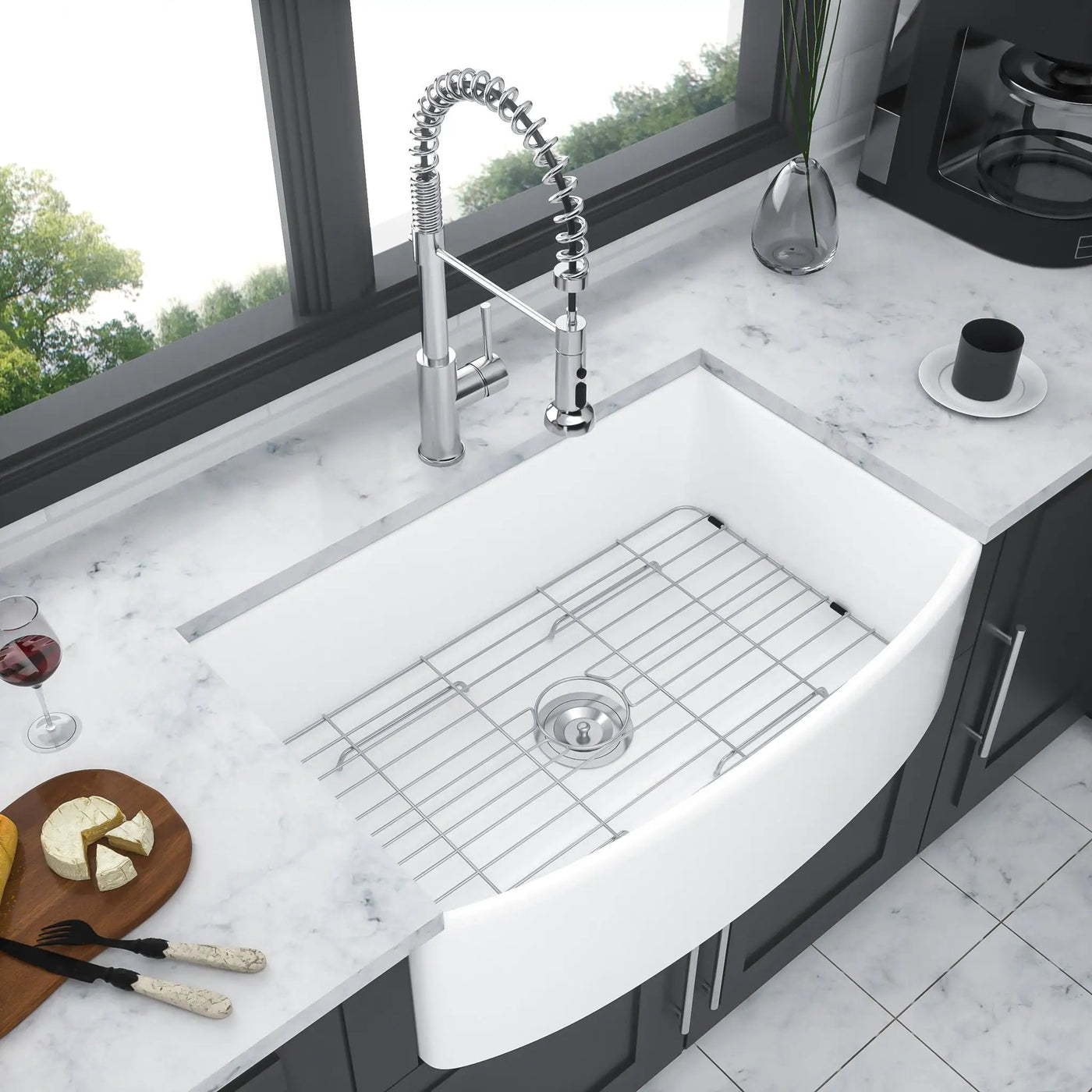 Ceramic Farmhouse Sink, Apron Front Single Bowl With Arch Edge by HouseOfZazla