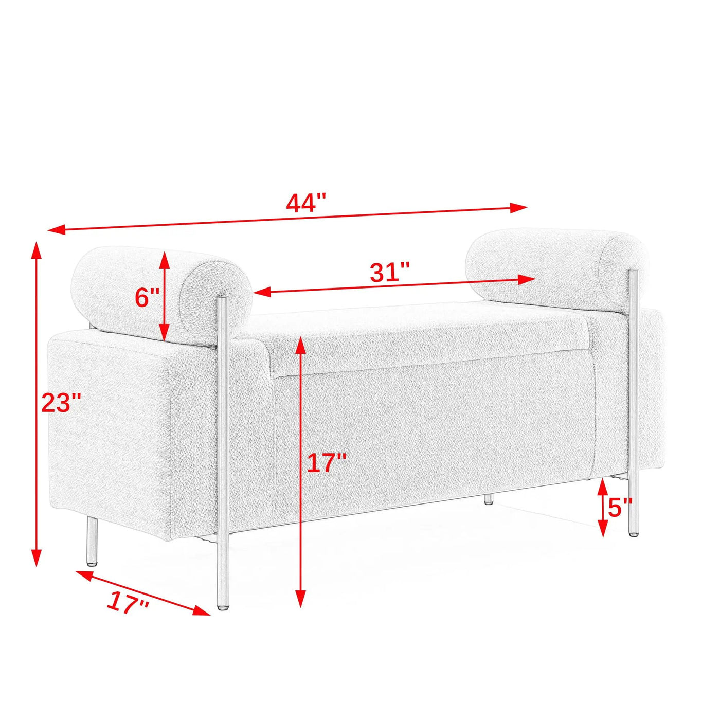 Elegant Upholstered Storage Bench With Cylindrical Arms And Iron Legs, by Unique Piece Furniture