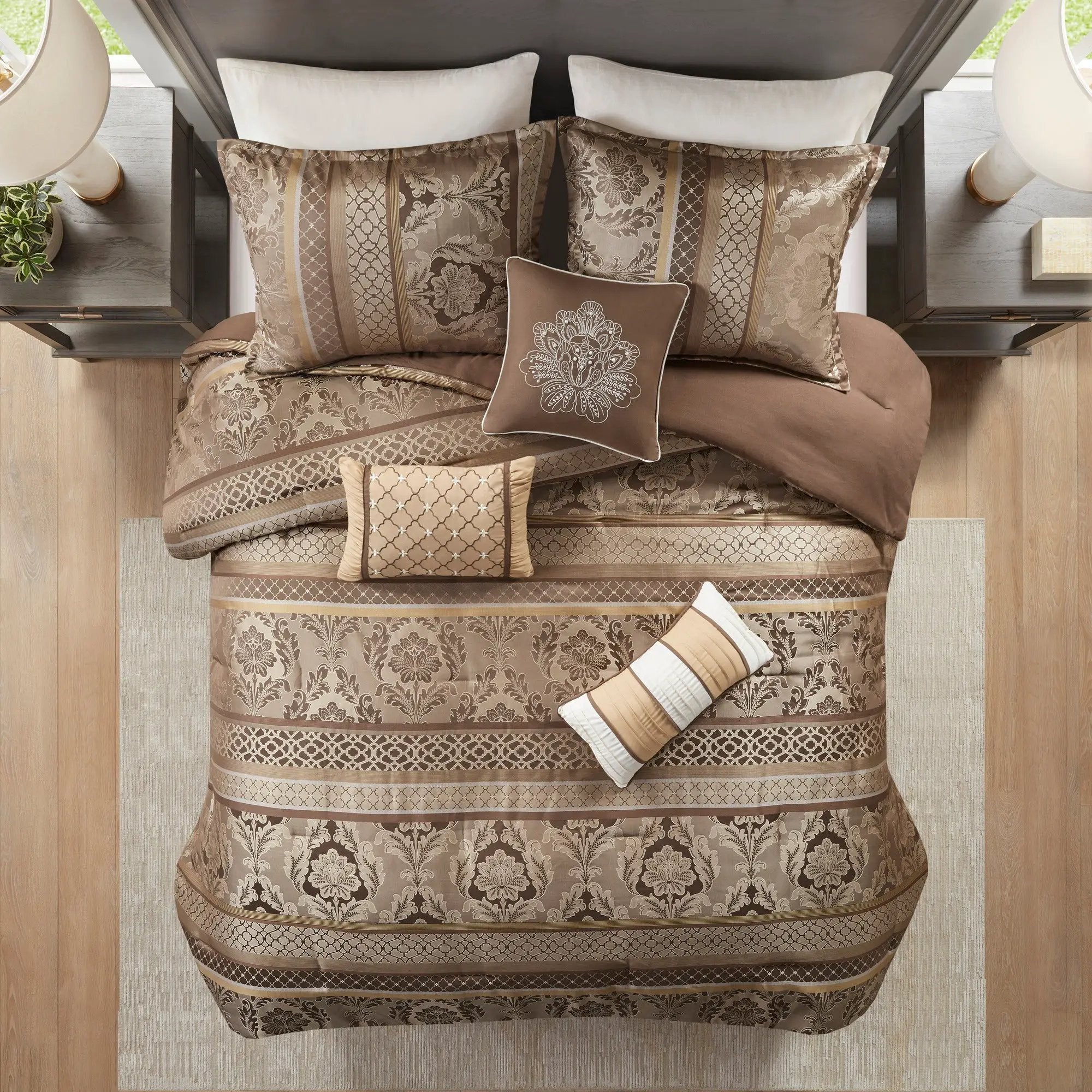 7 Piece Jacquard Comforter Set Brown/Gold Queen by HouseOfZazla