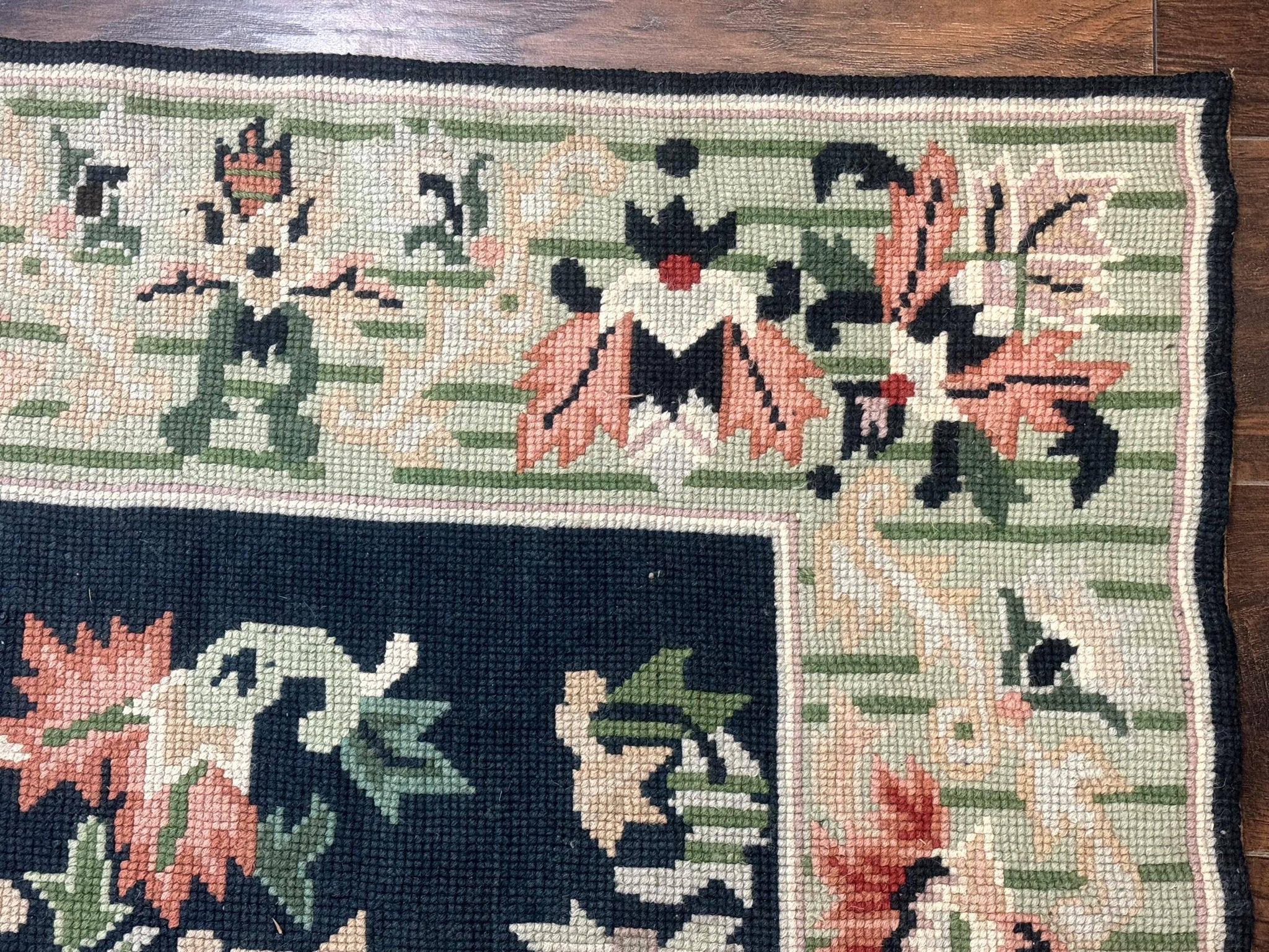 Vintage American Needlepoint Rug 4x6, Dark Green, Wool, Handmade, Flatweave Carpet by Jewel Rugs