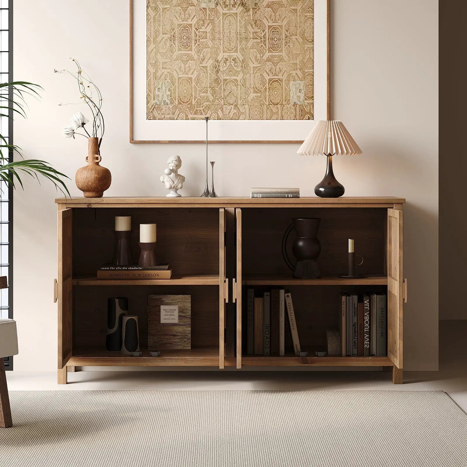 60" Wood Accent Cabinet with 4 Doors Brown and Antique White by HouseOfZazla