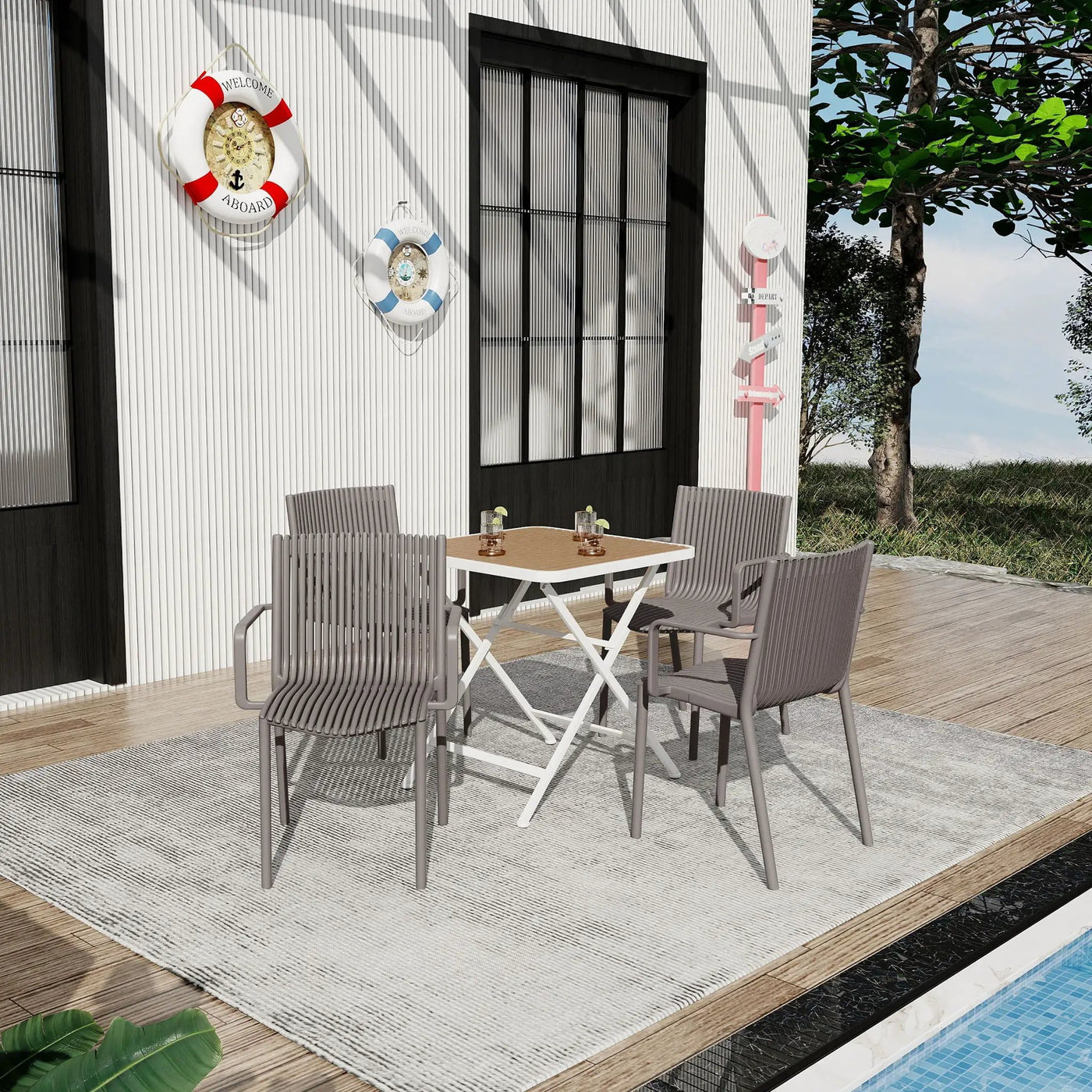 4 Modern Stackable Plastic Armchair Matched With Folding Square Table by Unique Piece Furniture