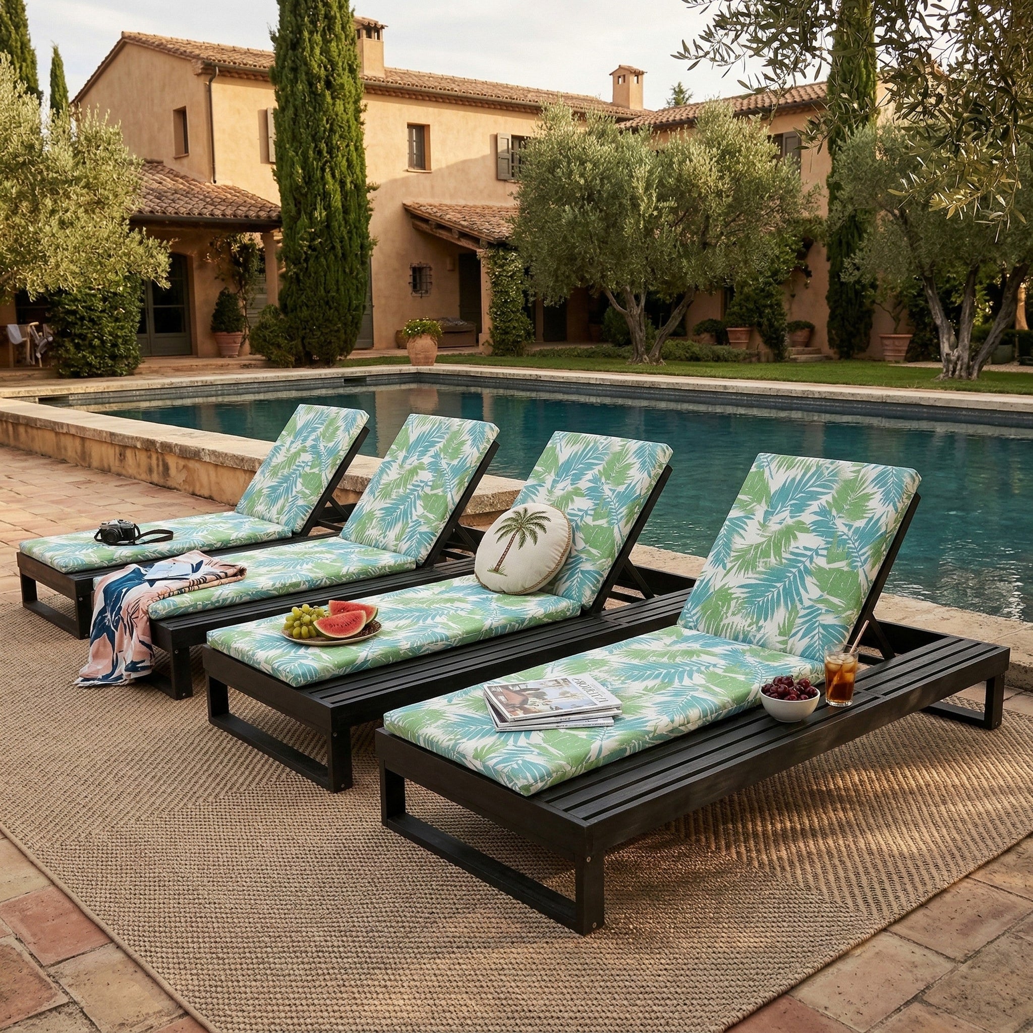Black Acacia Wood Chaise Lounge with Leaf Coconut Cushion by HouseOfZazla