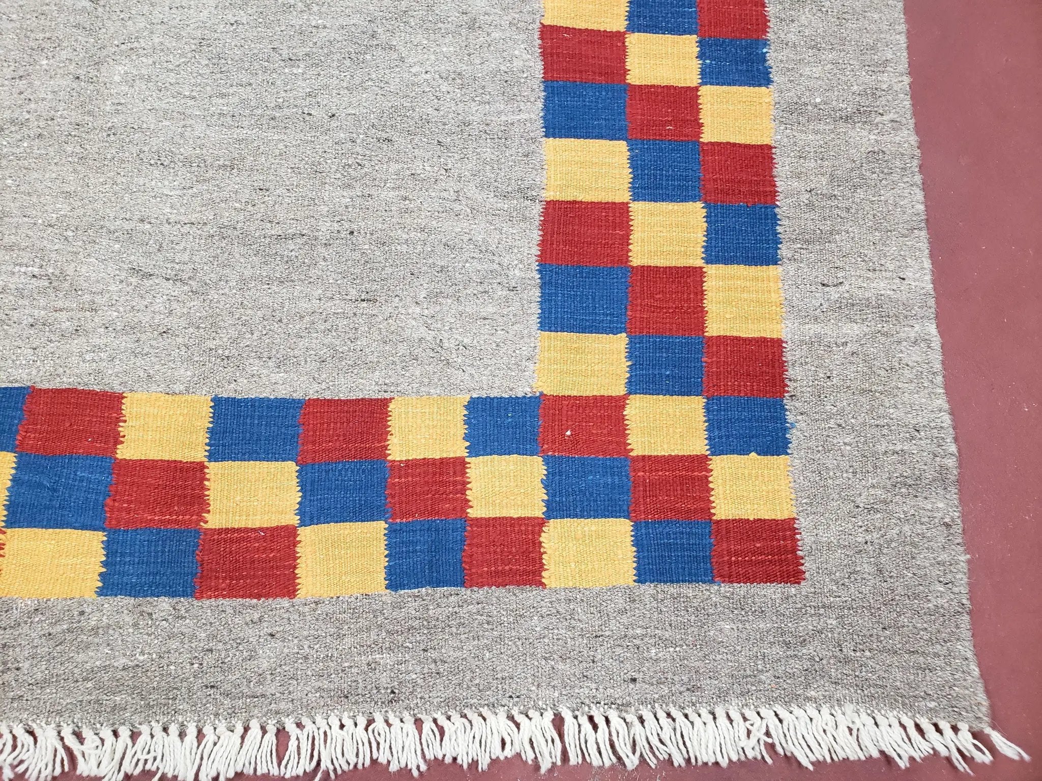 New Turkish Kilim Area Rug, Gray Carpet With Colorful Checker Border, 5'6" x 8", Flatweave Carpet, Playroom Rug, Kids Room Rug, Hand-Knotted by Jewel Rugs