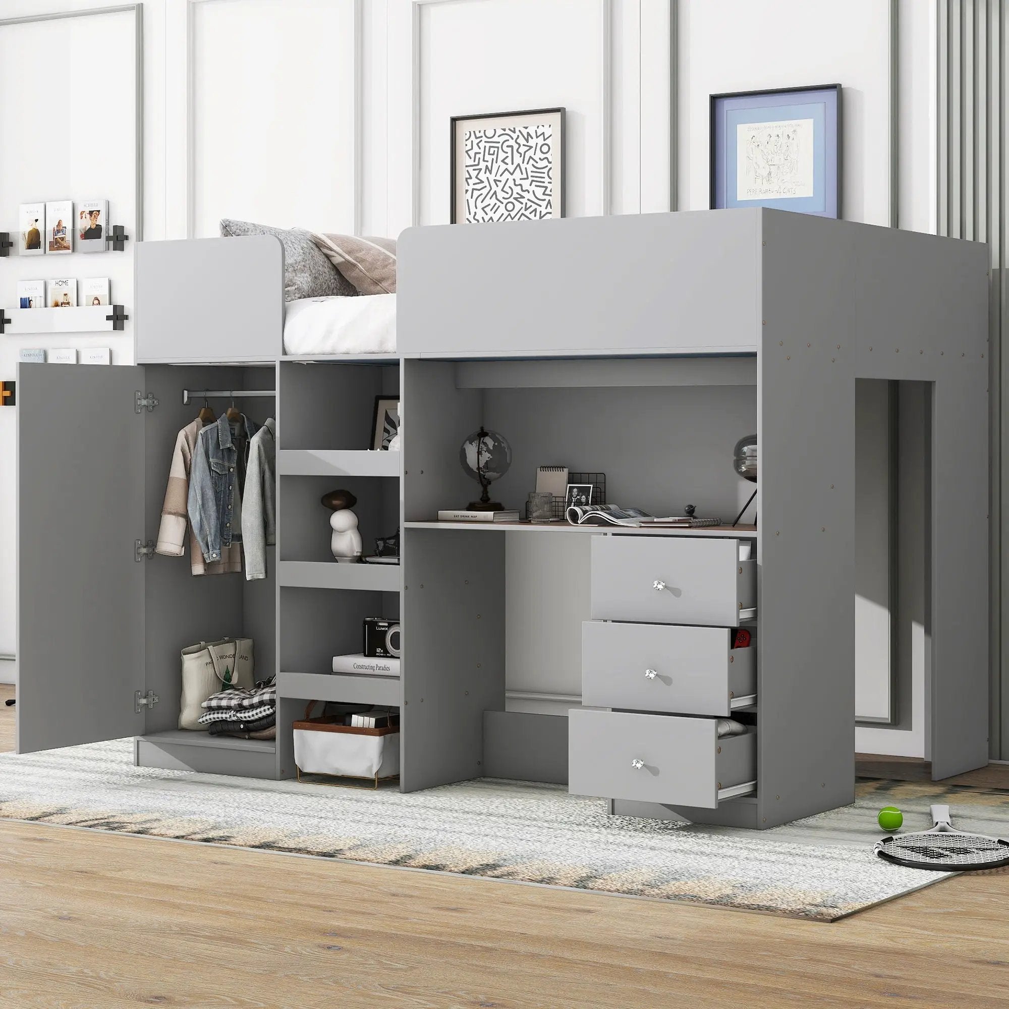 Loft Bed With Built In Wardrobe, Desk, Shelves, And Drawers