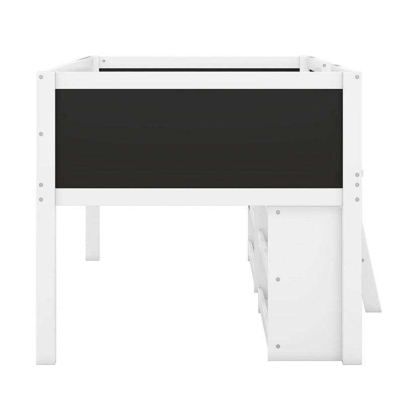Low Loft Bed With Movable Shelves And Ladder, Decorative Chalkboard Guardrail