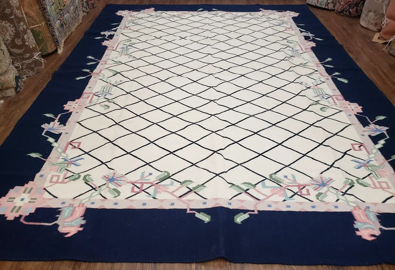 Vintage Dhurrie Rug, Indian Dhurrie 8x11 - 9x11, Wool Hand-Woven Ivory & Black Indo Carpet, Large Flat Weave Rug Living Room Rug Black White by Jewel Rugs