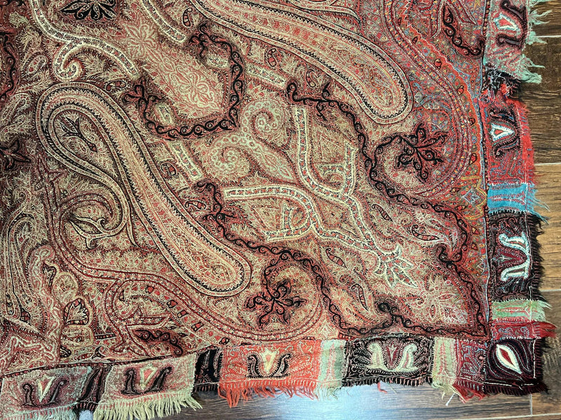 Antique Indian Kashmiri Shawl, Needlework, Signed By Masterweaver, Handmade, Rare by Jewel Rugs