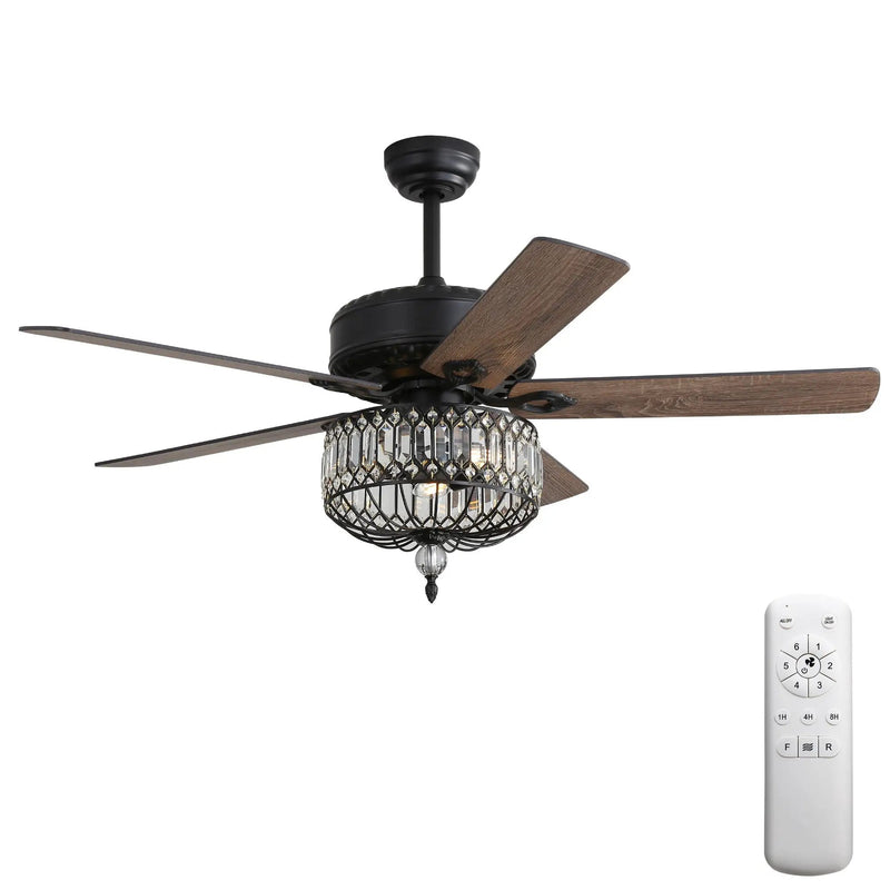 Ceiling Fan With Crystal Lampshade, 5 Blades, DC Motor, 6 Speed Remote Control, 1 / 4 / 8 Hour Timer - Black by HouseOfZazla