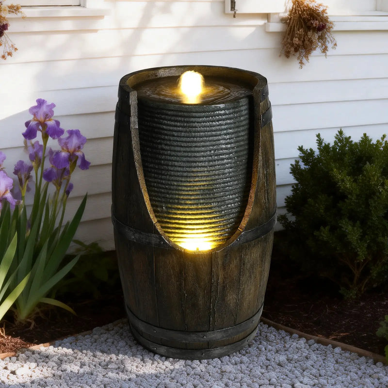 Wooden Barrel Style Outdoor Water Fountain with Lights by HouseOfZazla