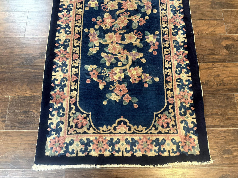 Blue and Beige Chinese Wool Rug 3x6, Chinese Fete Rug, Peking Rug, Antique Chinese Carpet by Jewel Rugs