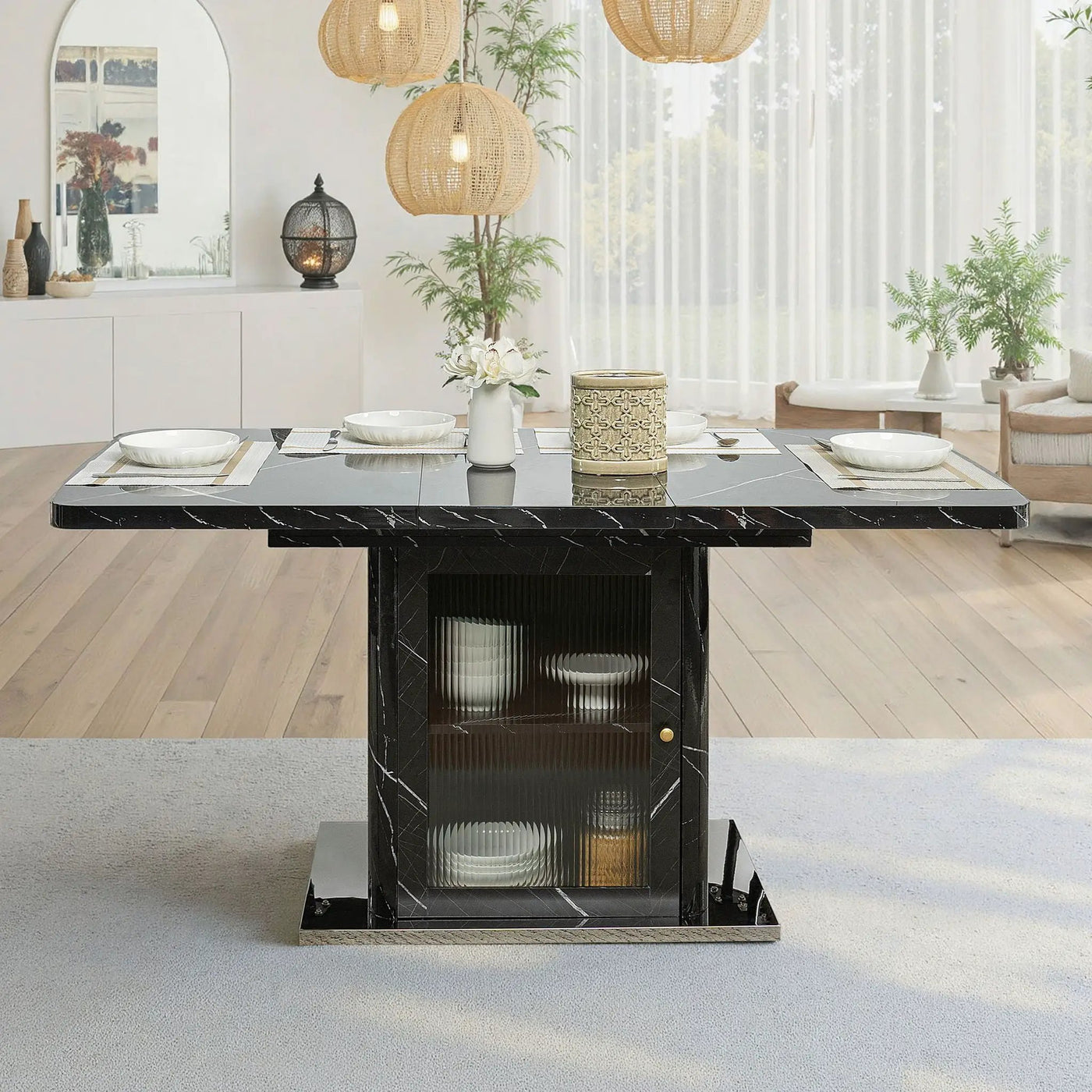 Modern Rectangle Dining Table With Stretchable Top, Storage Cabinet by Unique Piece Furniture