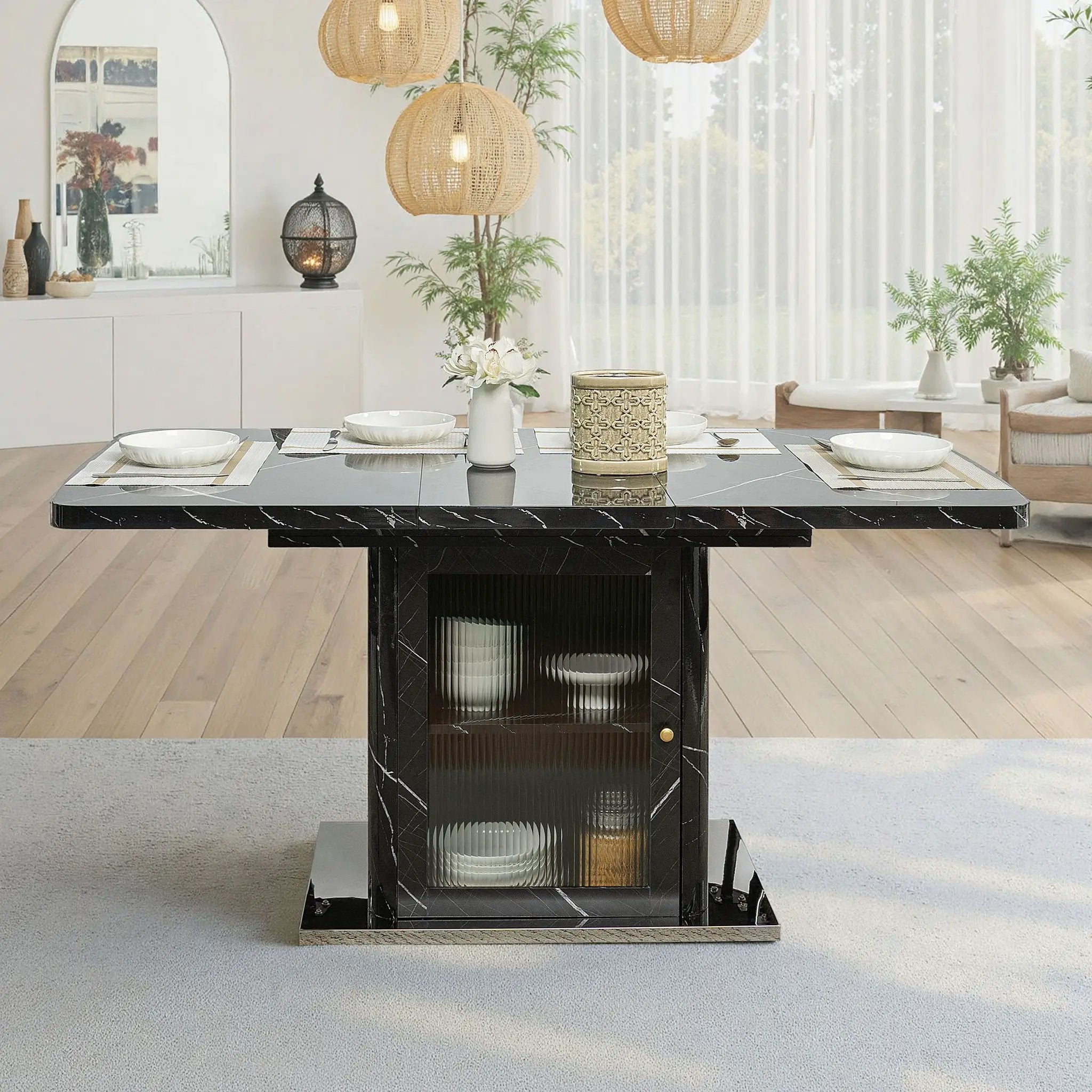 Modern Rectangle Dining Table With Stretchable Top, Storage Cabinet by Unique Piece Furniture