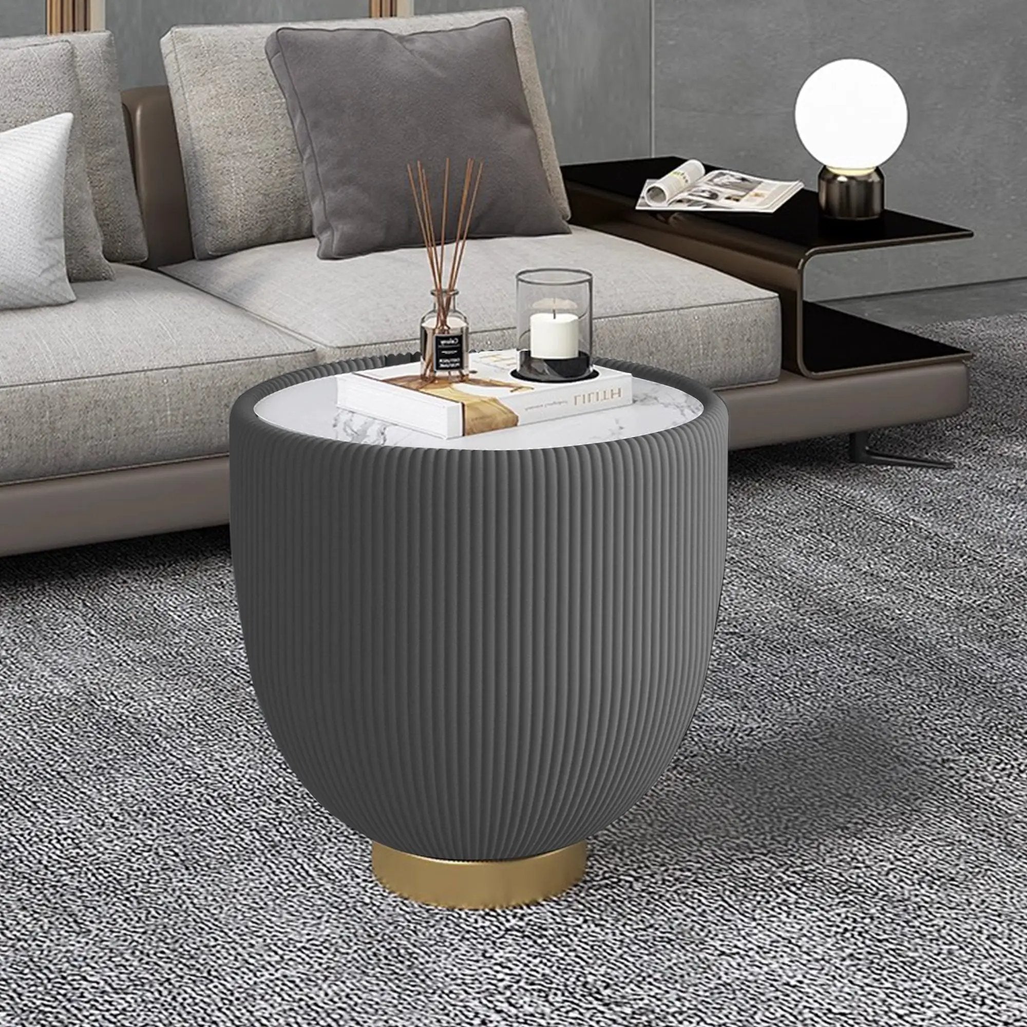 Modern Round Sintered Stone Pattern Tabletop Side Table by HouseOfZazla
