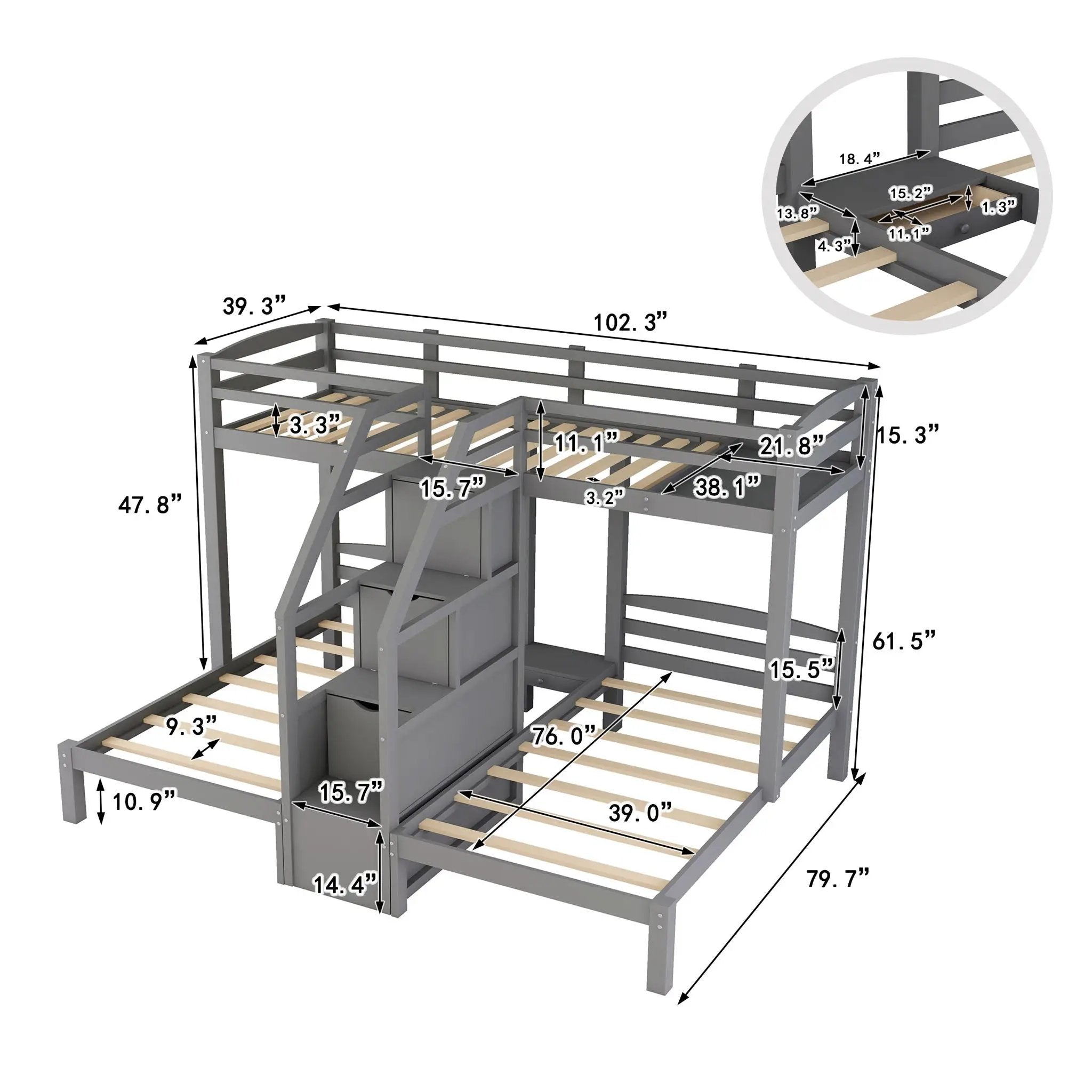 Twin Over Twin & Twin Bunk Bed With Built In Staircase And Storage Drawer - Gray by Unique Piece Furniture
