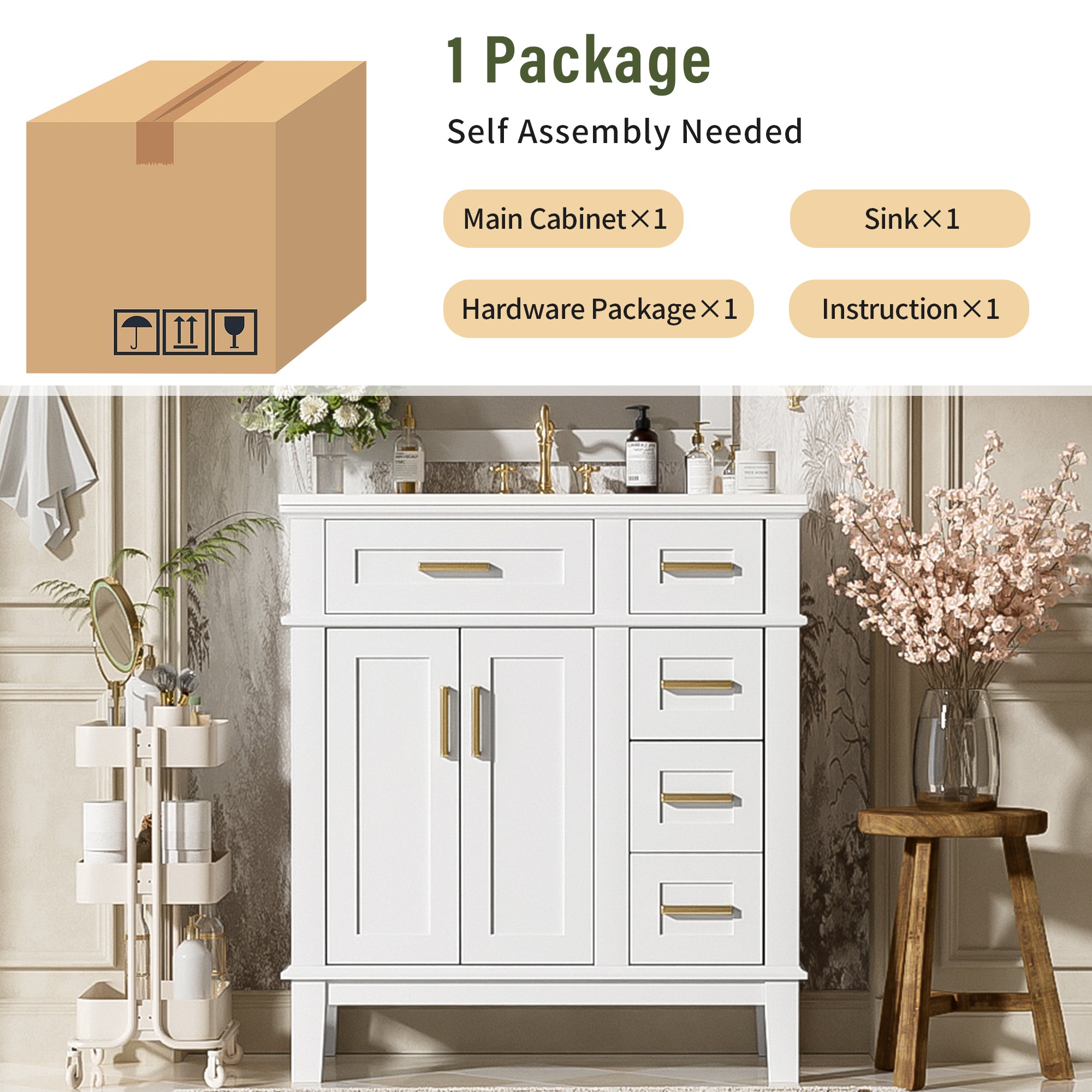 30" Bathroom Vanity with Ceramic Sink and Modern Storage Cabinet by HouseOfZazla