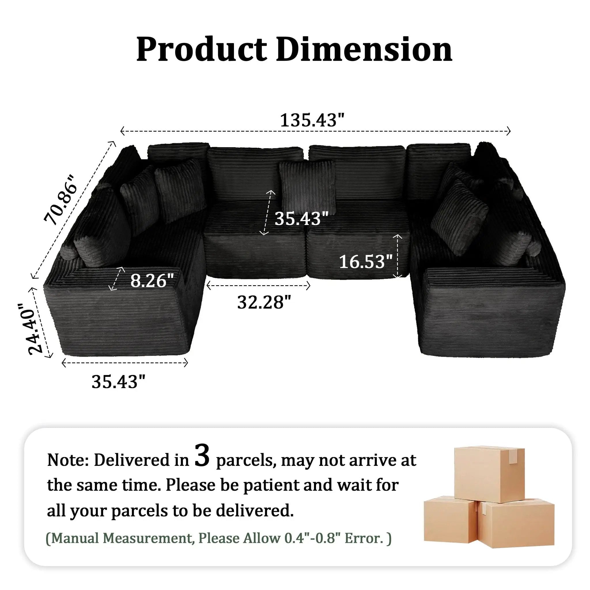 Modular U-Shaped Sectional Sofa, 6 Seater Chaise Lounge With Reversible Design - Black by HouseOfZazla