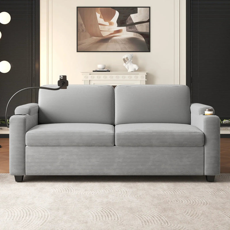 Sleeper Sofa Loveseat Sofa With Full Size Mattress, 2 USB Ports, 2 Cup Holders, 2 Side Pockets And Phone Holder by HouseOfZazla