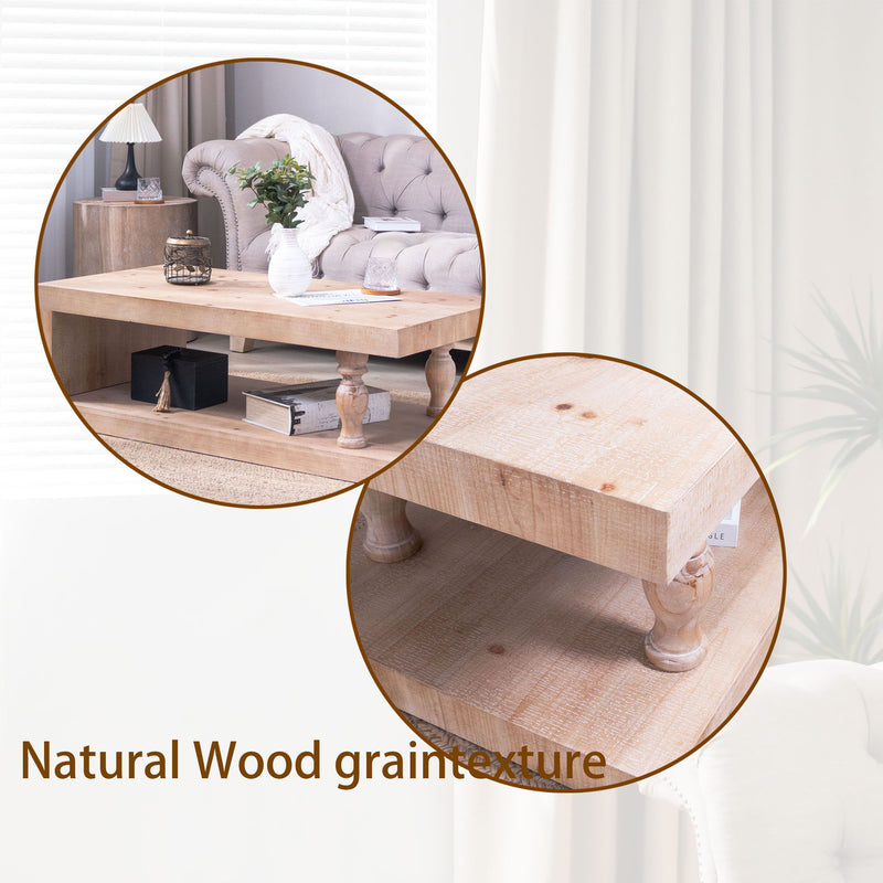 Rustic Solid Wood Coffee Table With Open Shelf, Modern Farmhouse Design - Light Natural / Natural by HouseOfZazla