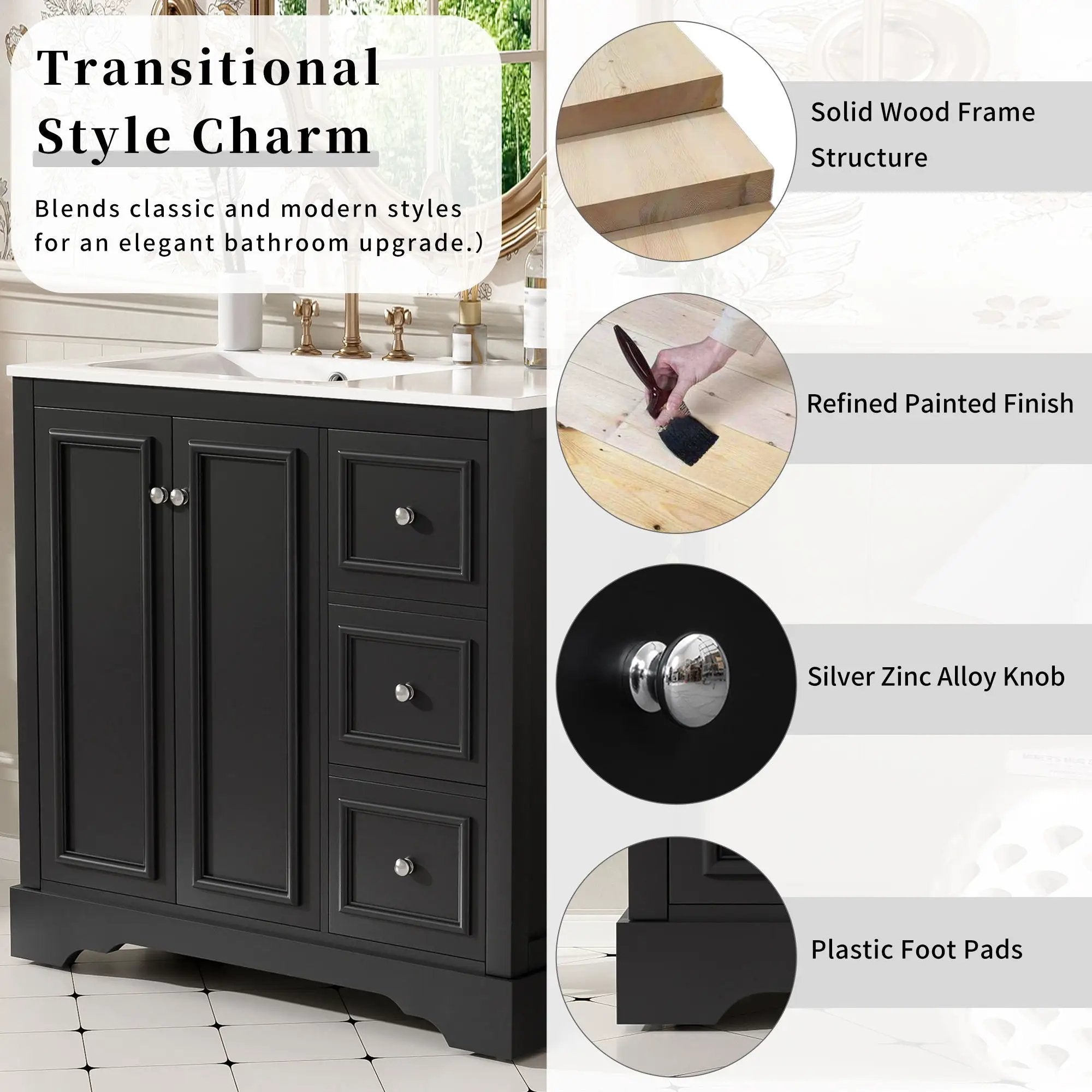 Bathroom Vanity With Sink, Soft-Close Doors, Adjustable U-Shelf, 3 Drawers by Unique Piece Furniture