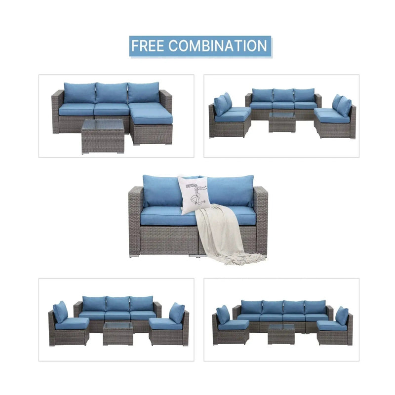 2 Piece Patio Loveseat Set With Thick Cushions, Outdoor Sectional Sofa For Balcony - Blue / Brown by HouseOfZazla
