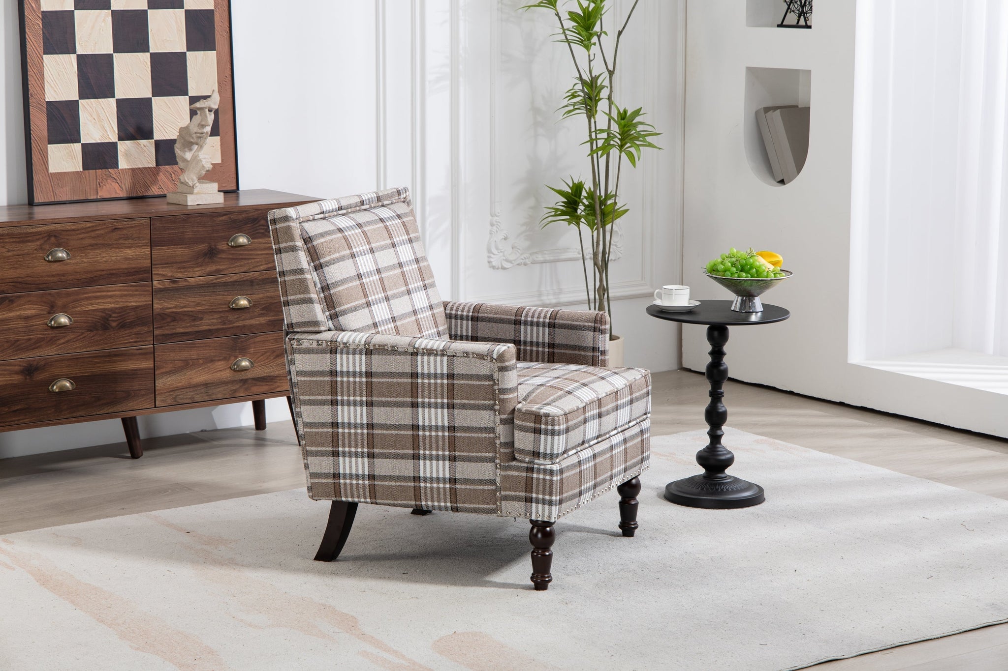 Upholstered Accent Chair with Brown Linen Fabric and Nailhead Trim by HouseOfZazla