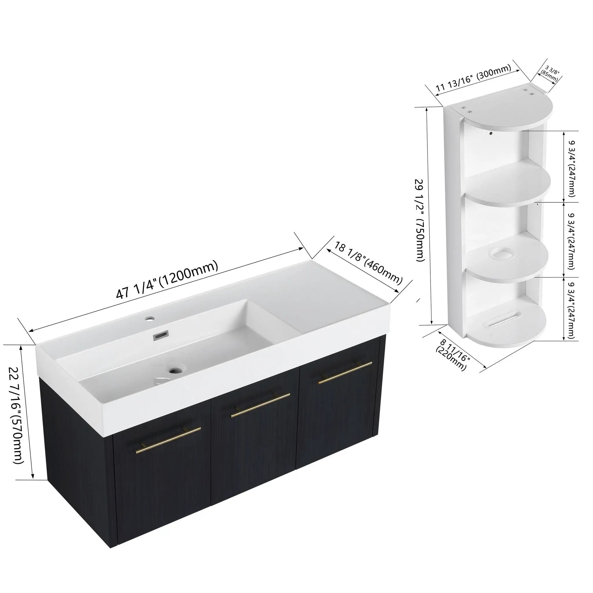 Modern Chestnut Wall Mounted Bathroom Vanity With Left Resin Sink And Storage Rack - Black Chestnut by Unique Piece Furniture