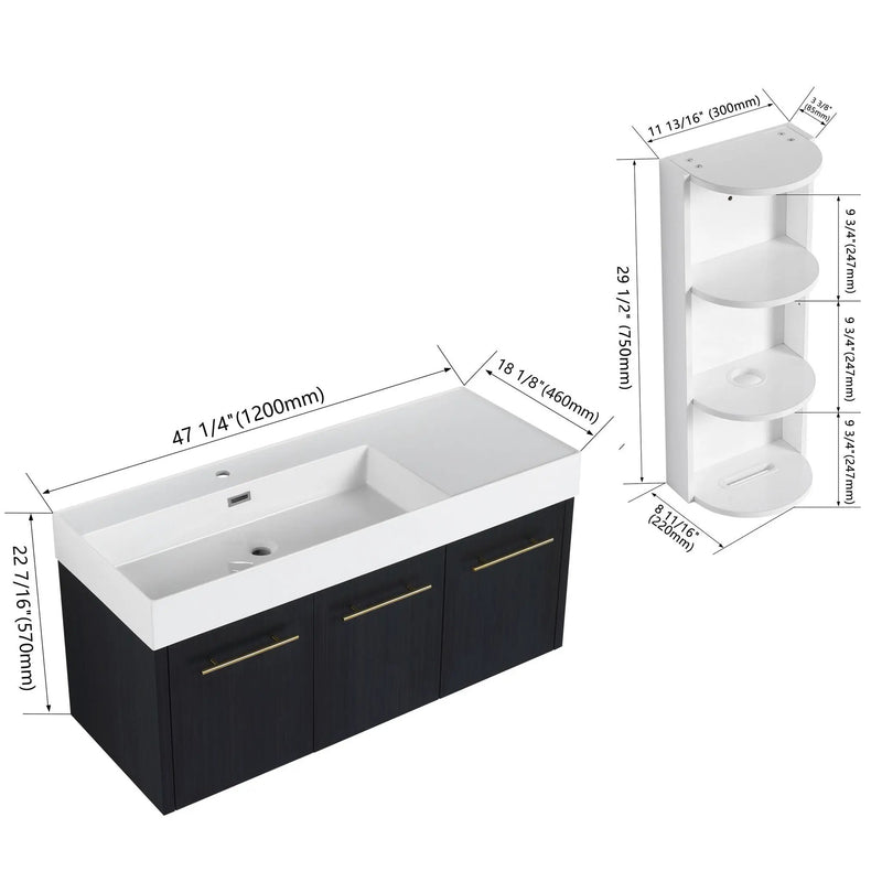 Modern Chestnut Wall Mounted Bathroom Vanity With Left Resin Sink And Storage Rack - Black Chestnut by HouseOfZazla