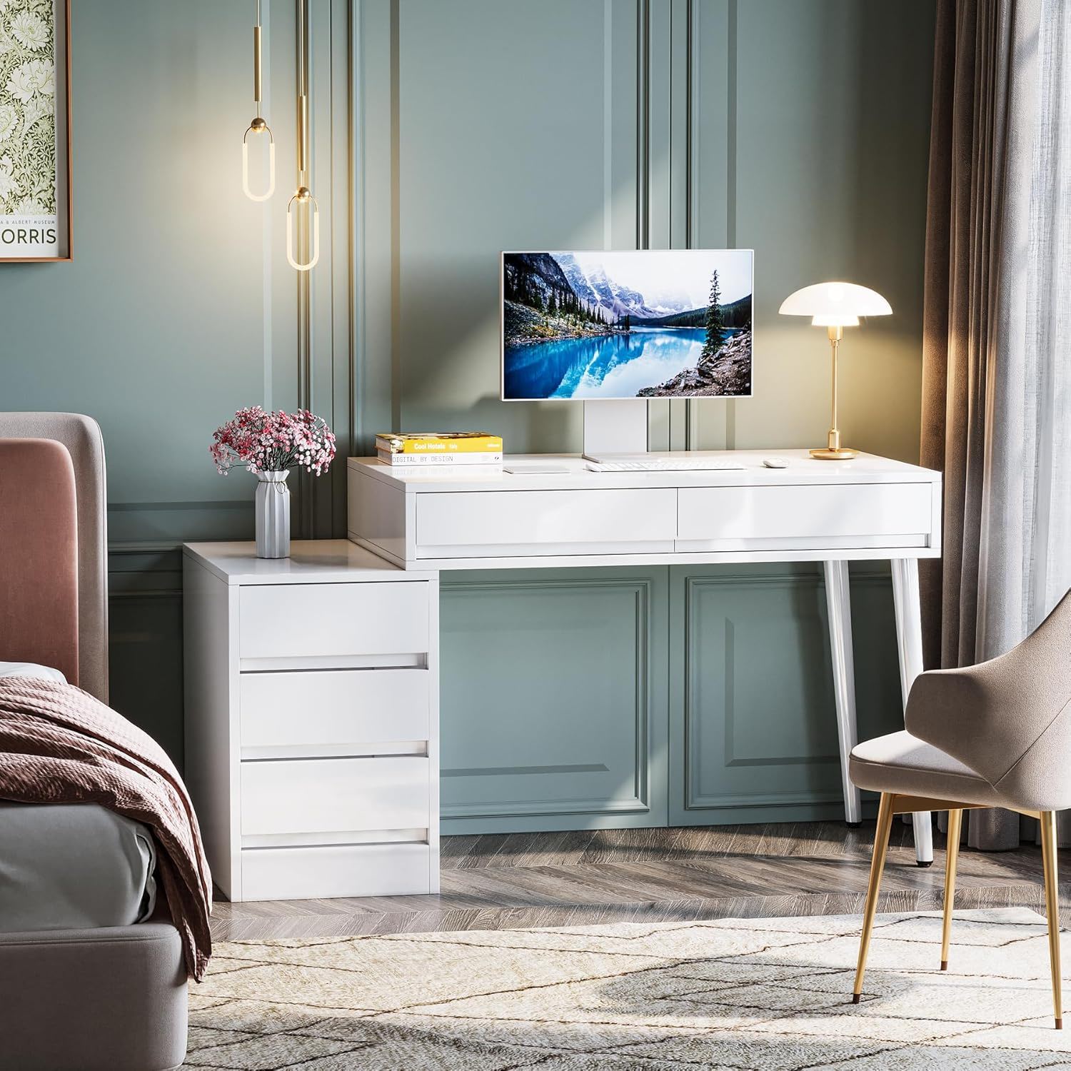Glossy Desk With 5 Drawers & Printer Stand, Reversible Home Office Computer And Vanity Table For Small Spaces - White by HouseOfZazla