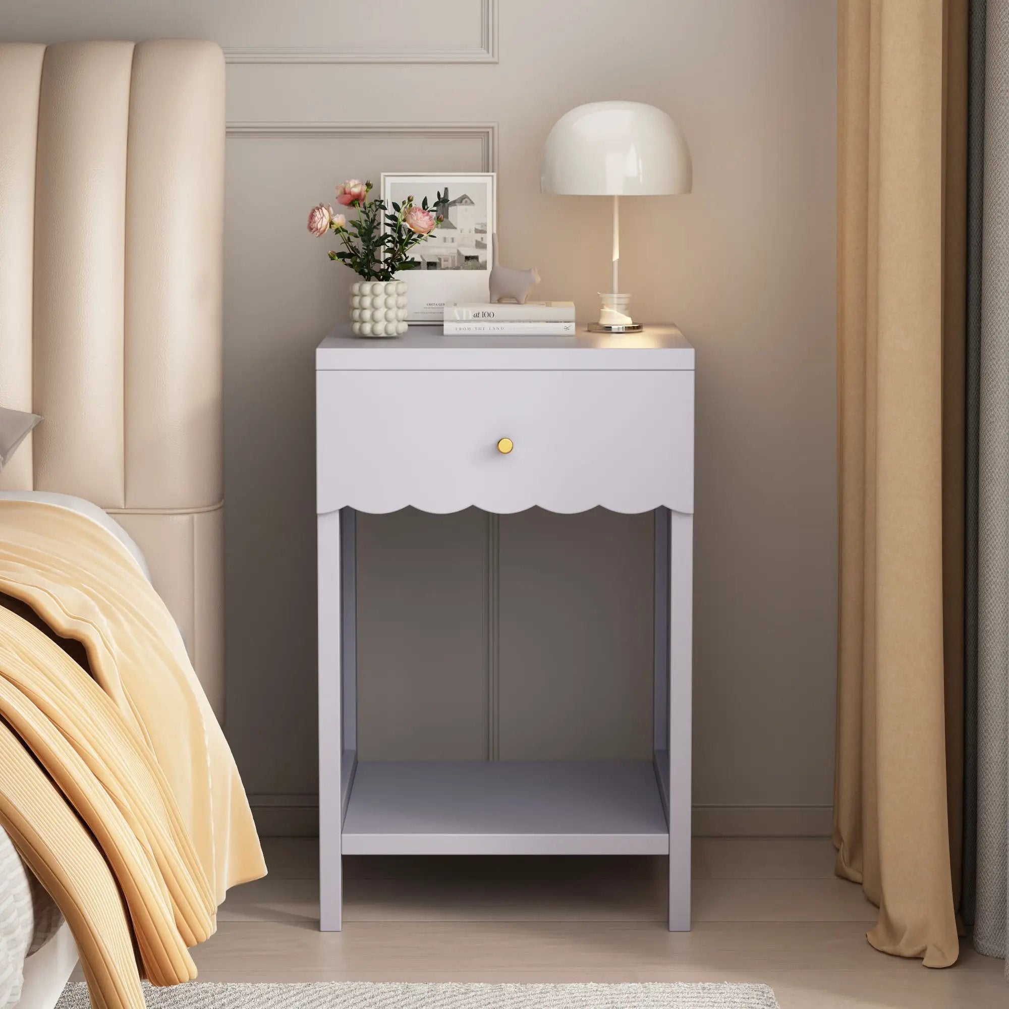 Nightstand With Drawer And Open Shelf, Scalloped Edge Bedside Table by HouseOfZazla