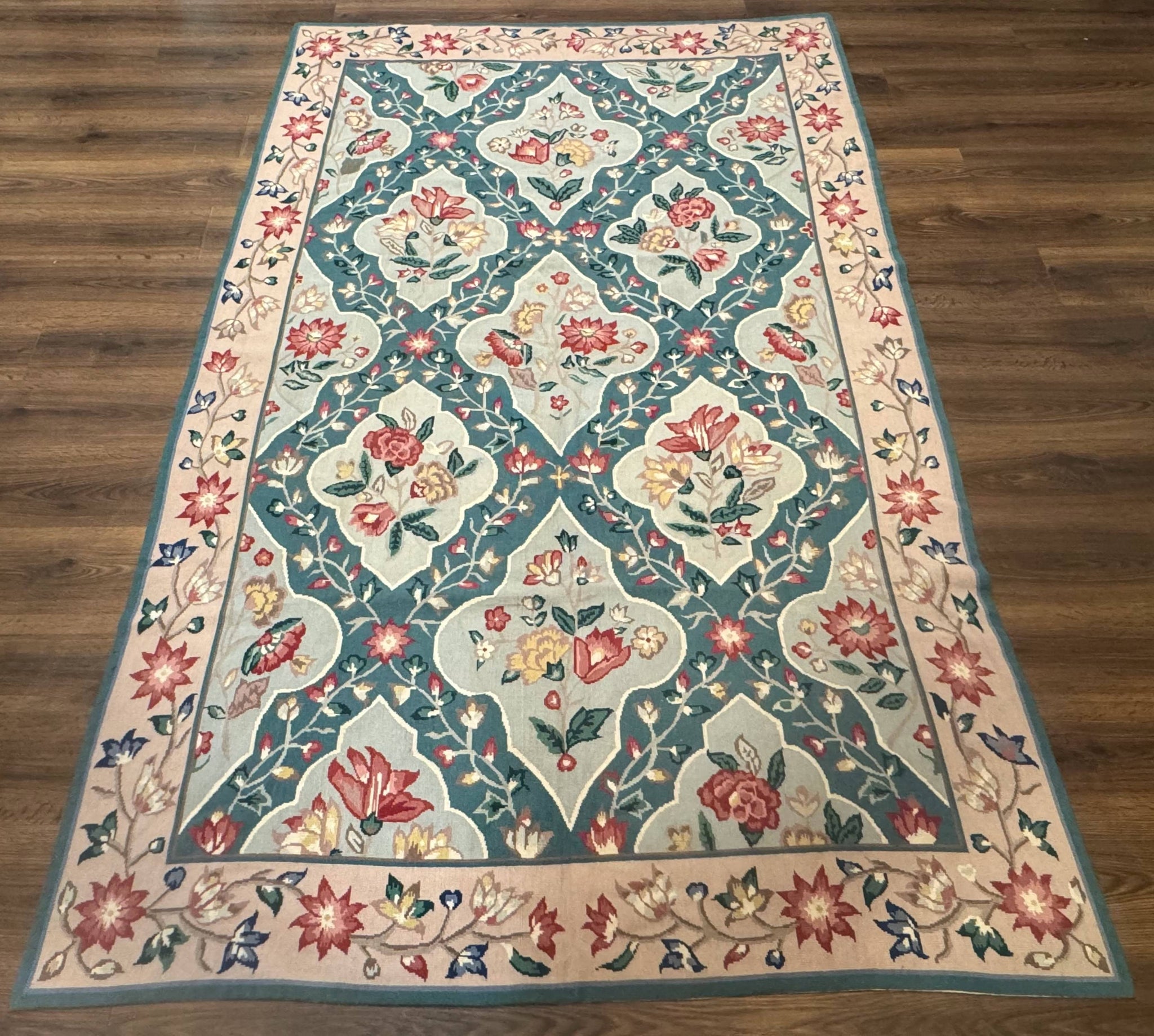 Teal Needlepoint Rug 6x9, Panel Design, Floral Bouquets, Handmade by Jewel Rugs